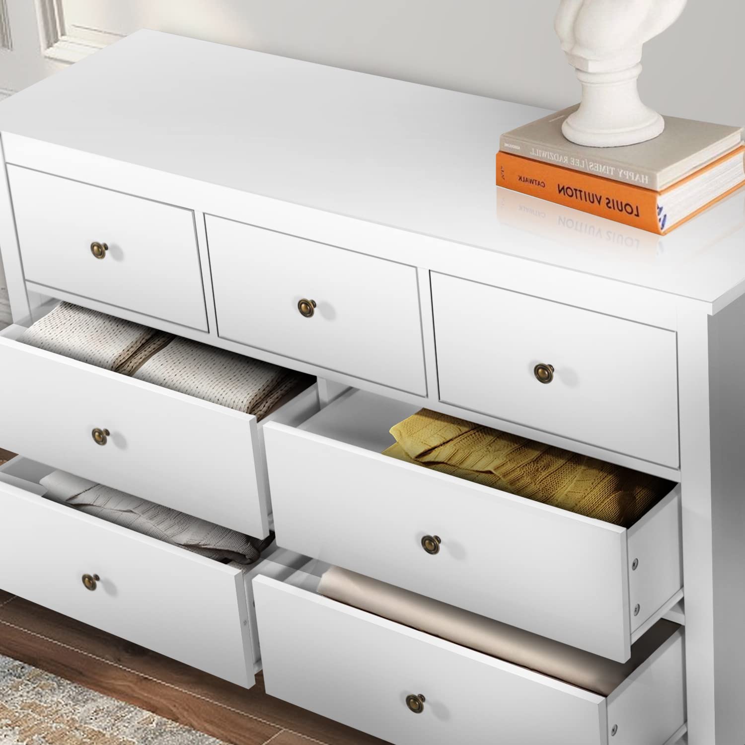 3-Piece Modern White Wooden Bedroom Set with 7-Drawer Dresser & 2-Drawer Nightstands - Perfect for Master Bedroom, Guest Room & Apartment Decor
