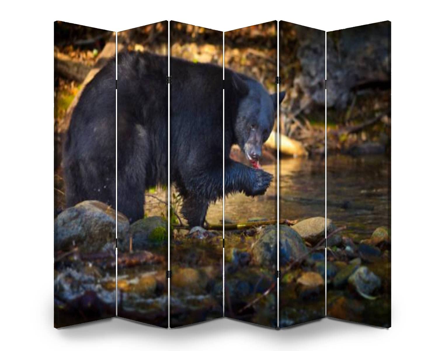Wooden Room Divider with Bear Hunting Salmon Creek Design - 6-Panel Folding Privacy Screen for Home & Office - Dual-Sided Canvas Partition Wall Decor for Bedroom, Living Room, or Commercial Spaces
