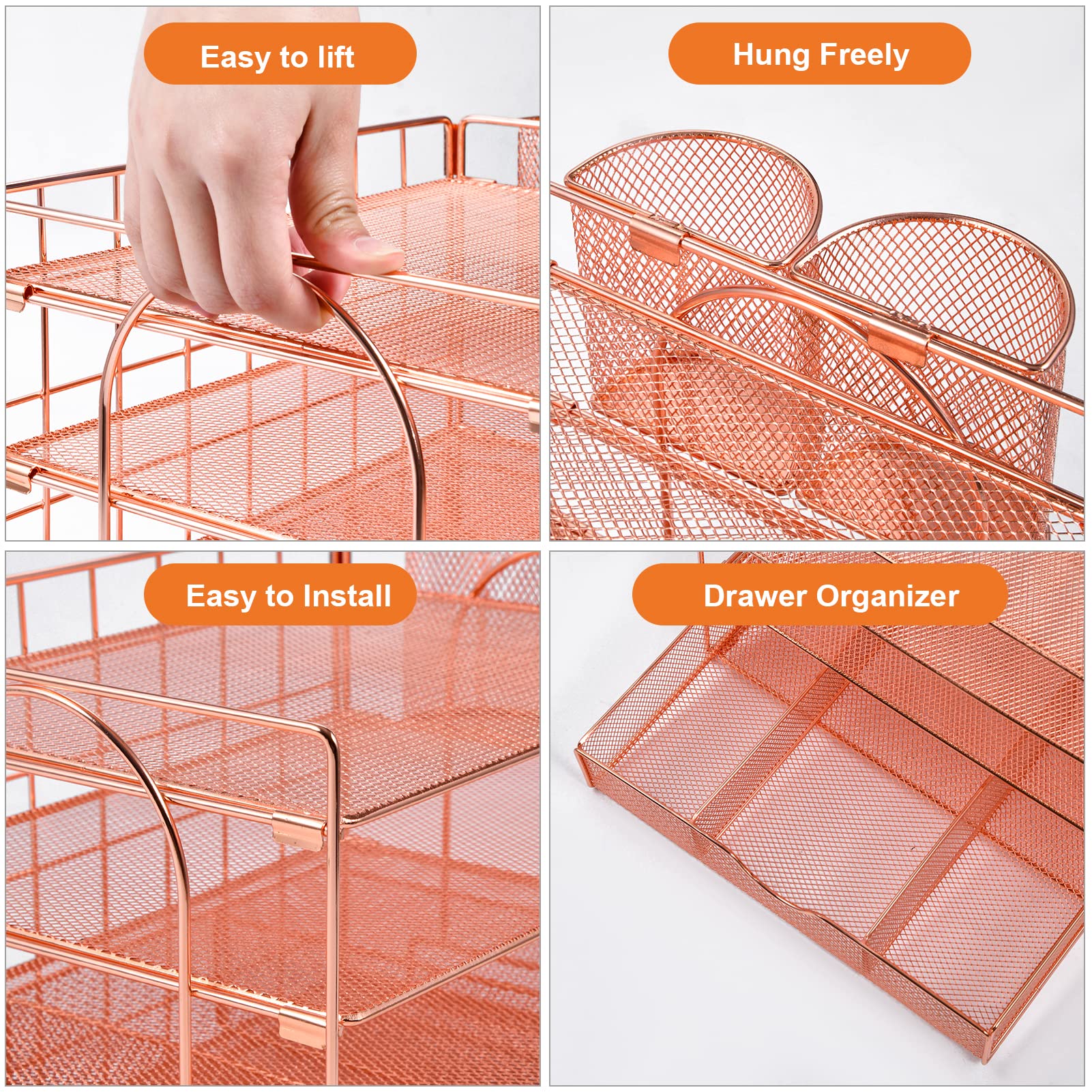 Marbrasse 4-Tray Desk File Organizer with 2 Pen Holders & Drawer - Rose Gold Desktop Hanging File Holder for Office Paper Letter Tray Organization - Perfect for Home Office, Workspace, and School Supplies Storage
