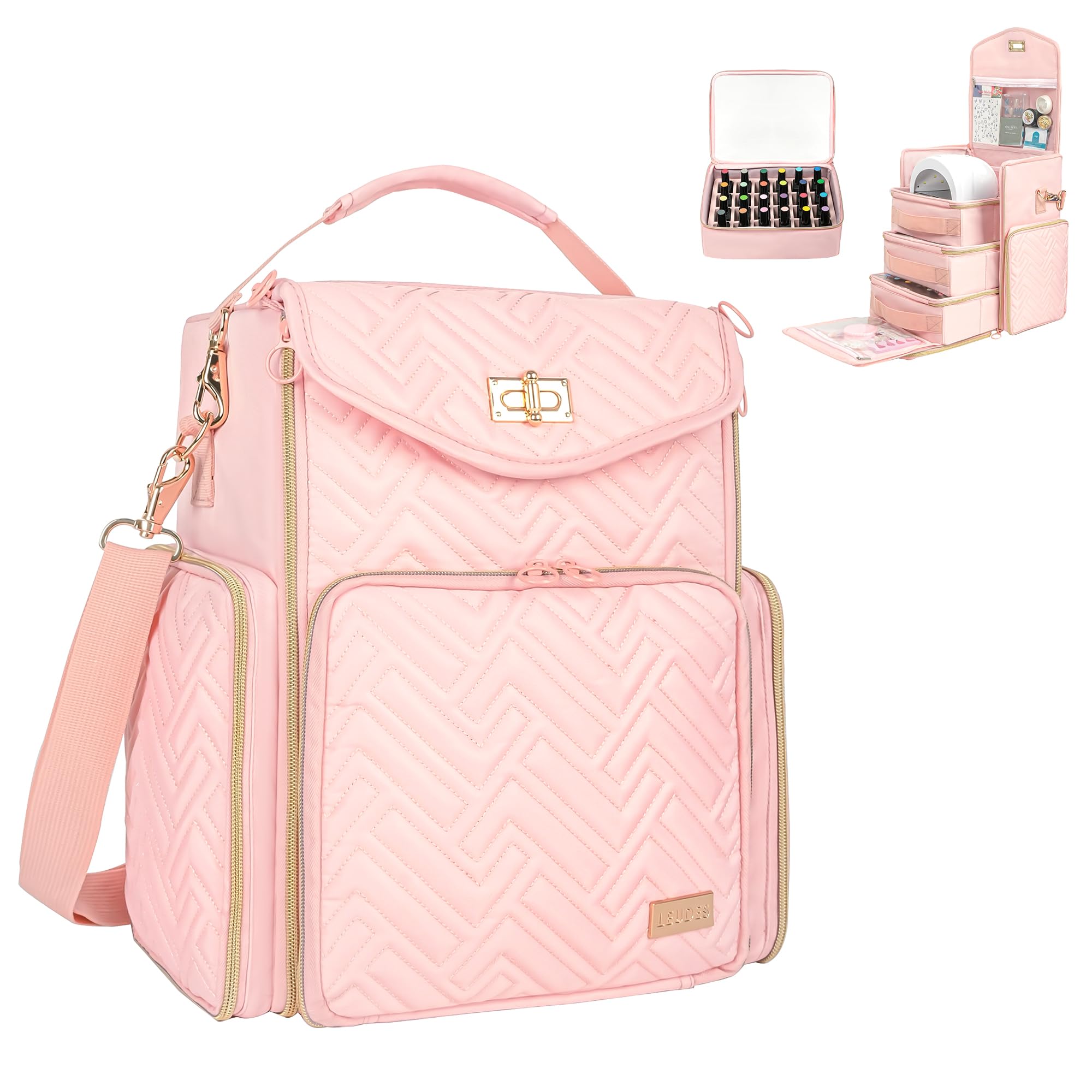 Leudes Large Pink Nail Polish Holder Organizer - Storage Case for 83 Bottles (0.33-0.68 fl.oz) with Nail Dryer, 3 Removable Pouches & Tools Storage Sections - Perfect for Salon Professionals & Home Manicure Kits