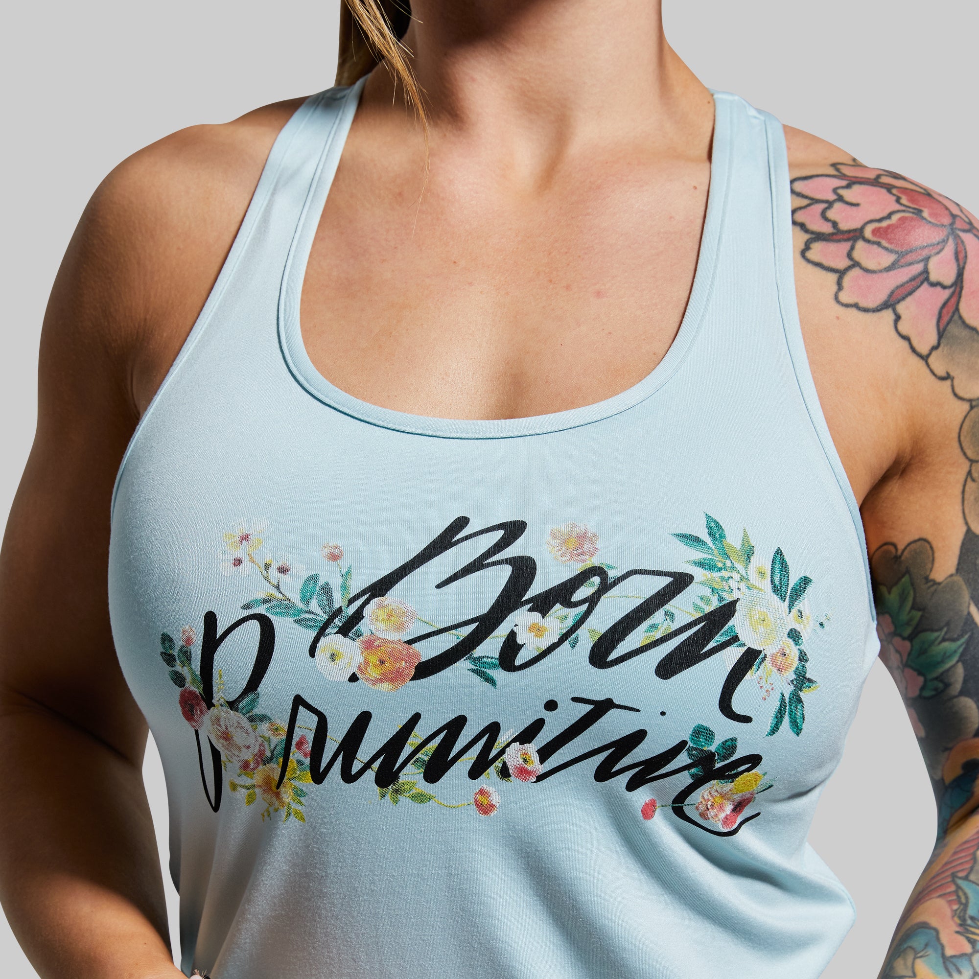 Floral Calligraphy Staple Tank Top - Sky Blue Women's Casual Summer T-Shirt for Beach, Vacation & Everyday Wear