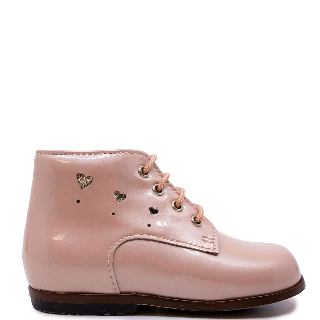 Beberlis Pink Pearl Patent Leather Heart Baby Booties - Soft & Comfortable First Walking Shoes for Infants - Perfect for Special Occasions, Photo Shoots & Everyday Wear