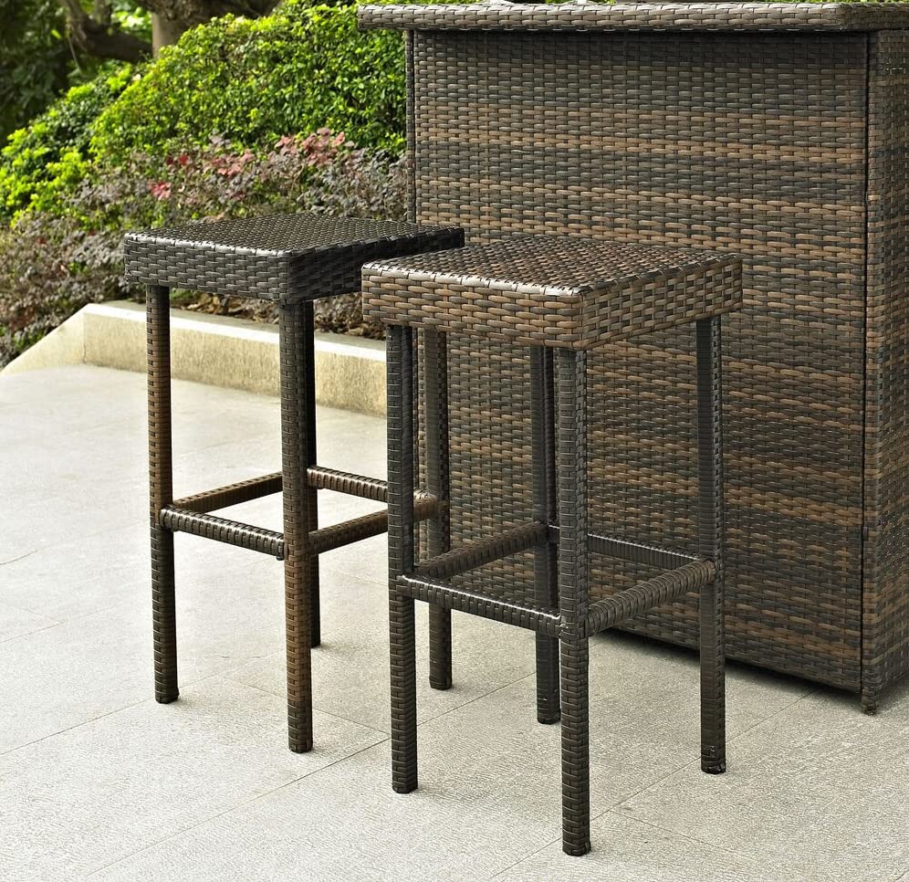 Crosley Furniture Palm Harbor Wicker Outdoor Bar Stools - Set of 2, Brown Patio Bar Height Chairs for Backyard, Deck, Balcony, Poolside & Outdoor Dining - Weather-Resistant Rattan Barstools for Entertaining
