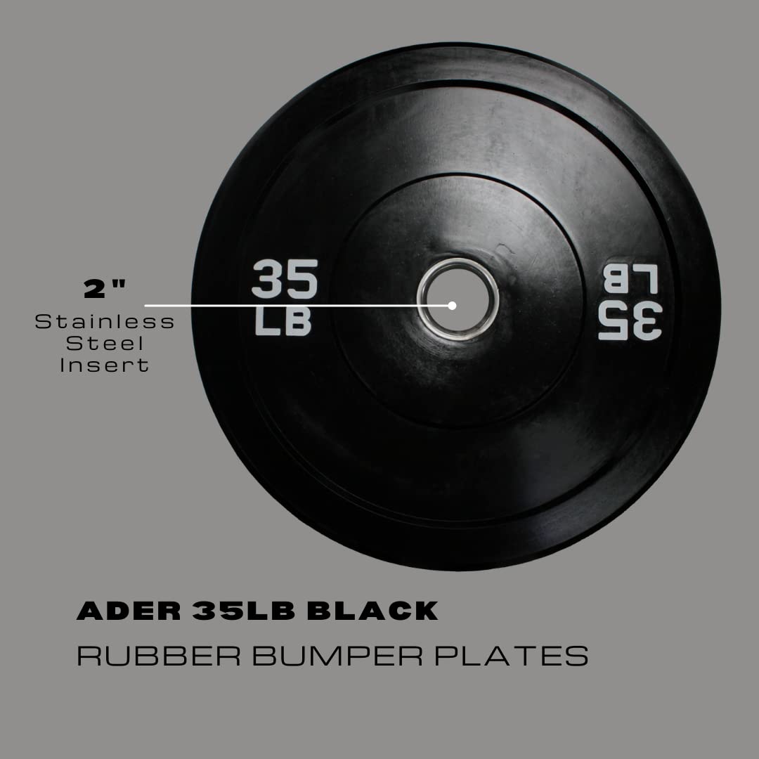 Ader 35lb Black Rubber Bumper Plates - Pair for CrossFit, Weightlifting & Home Gym Workouts