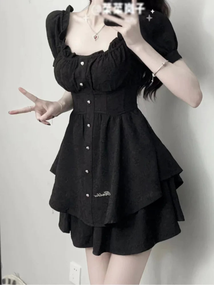 Black Mini Gothic Dress with Puff Sleeves & Square Collar | Korean Fashion Party Dress | Summer Sundress for Women | Perfect for Night Out, Date Night & Special Occasions