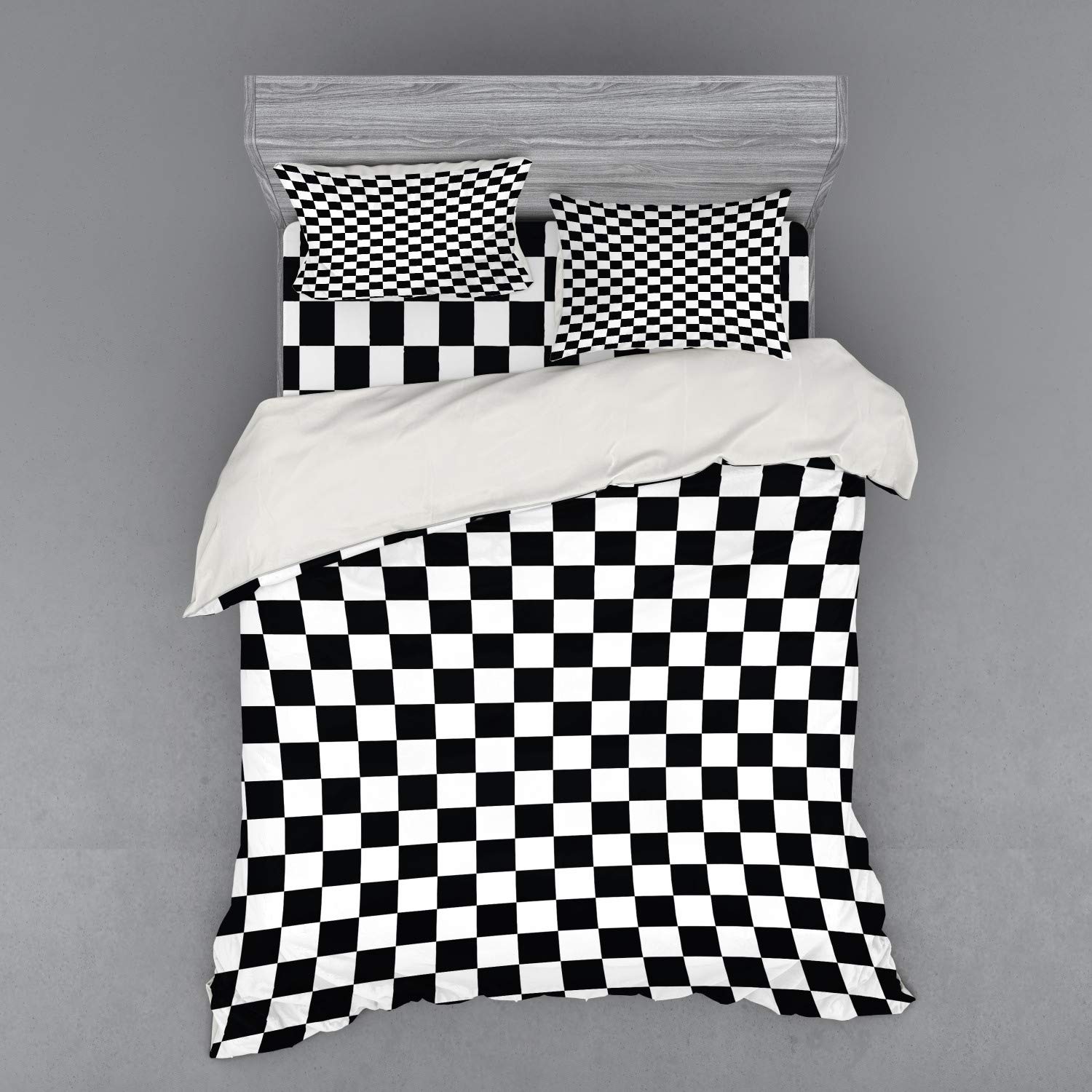 Ambesonne Checkers Game Duvet Cover Set - Black & White Geometric Grid Design, 4-Piece Queen Size Bedding with Shams & Fitted Sheet - Perfect for Game Room Decor, Kids Bedroom, and Checkers Themed Home Decor