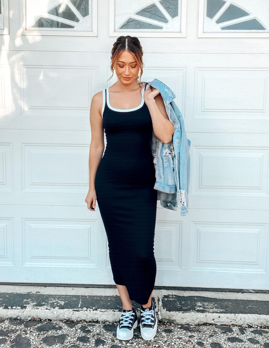 ZESICA Women's 2025 Summer Bodycon Midi Dress - Casual Sleeveless Square Neck Side Slit Knit Long Dress for Vacation, Beach, Party & Date Night | Flattering Figure-Hugging Design