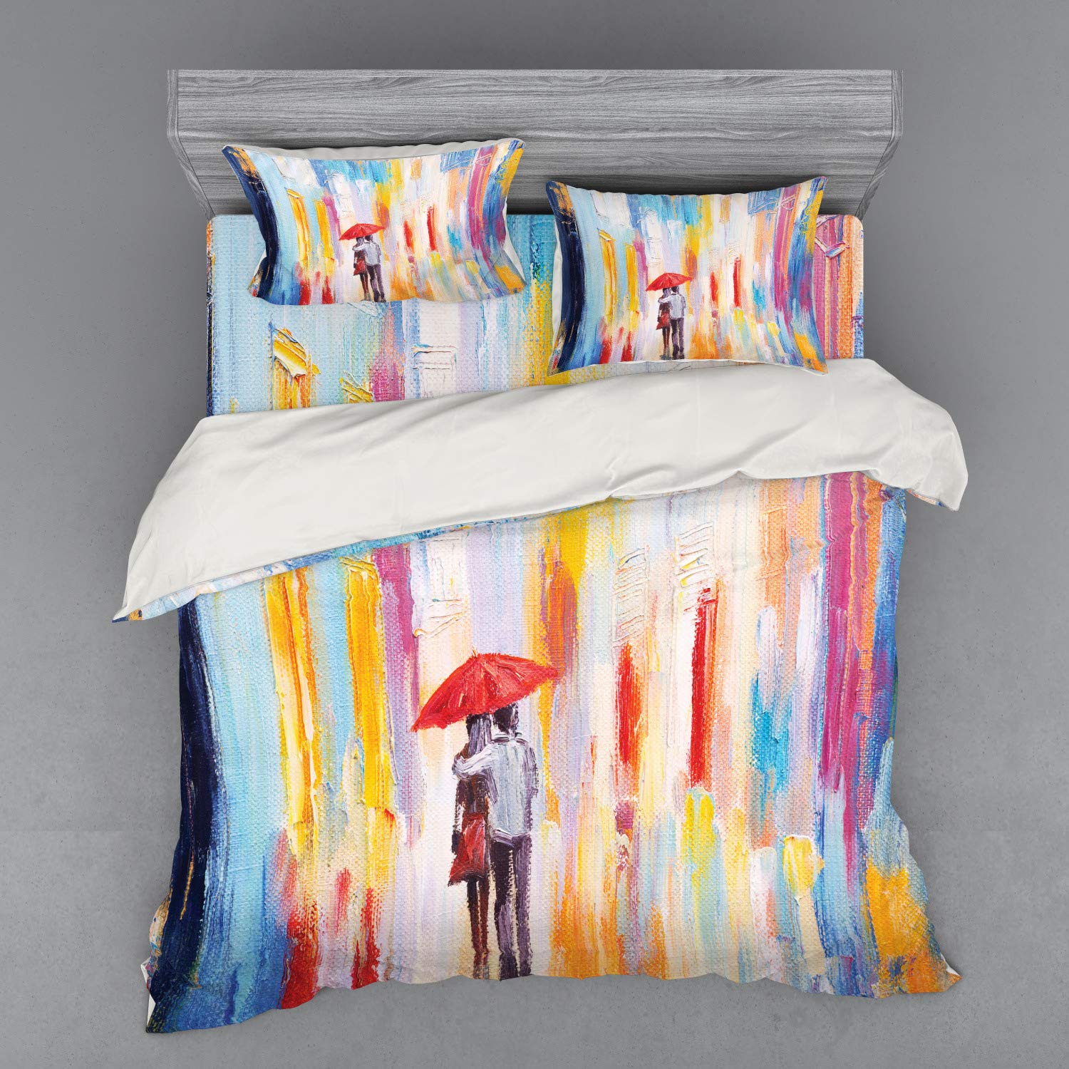 Ambesonne Urban Bedding Set - King Size 4-Piece Duvet Cover with Shams & Fitted Sheet, Romantic Rainy Cityscape Design Featuring Love Couple Silhouette, Multicolor | Perfect for Master Bedroom, Guest Room & Cozy Apartment Decor
