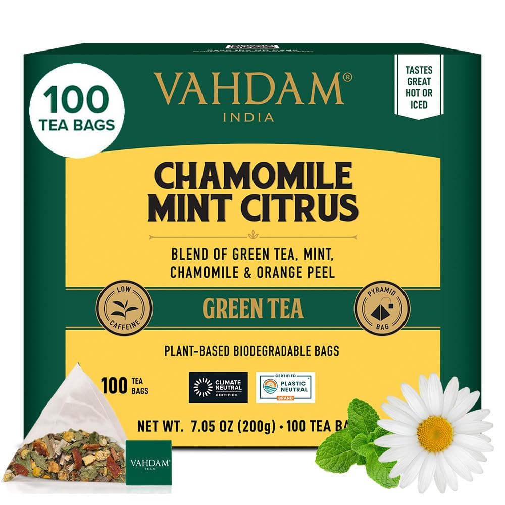 VAHDAM Chamomile Mint Citrus Green Tea Bags (100 Count) - Low Caffeine, Non-GMO, Gluten Free, Sweet Floral Herbal Tea | Resealable Ziplock Pouch for Freshness | Perfect for Relaxation, Stress Relief & Afternoon Tea Time