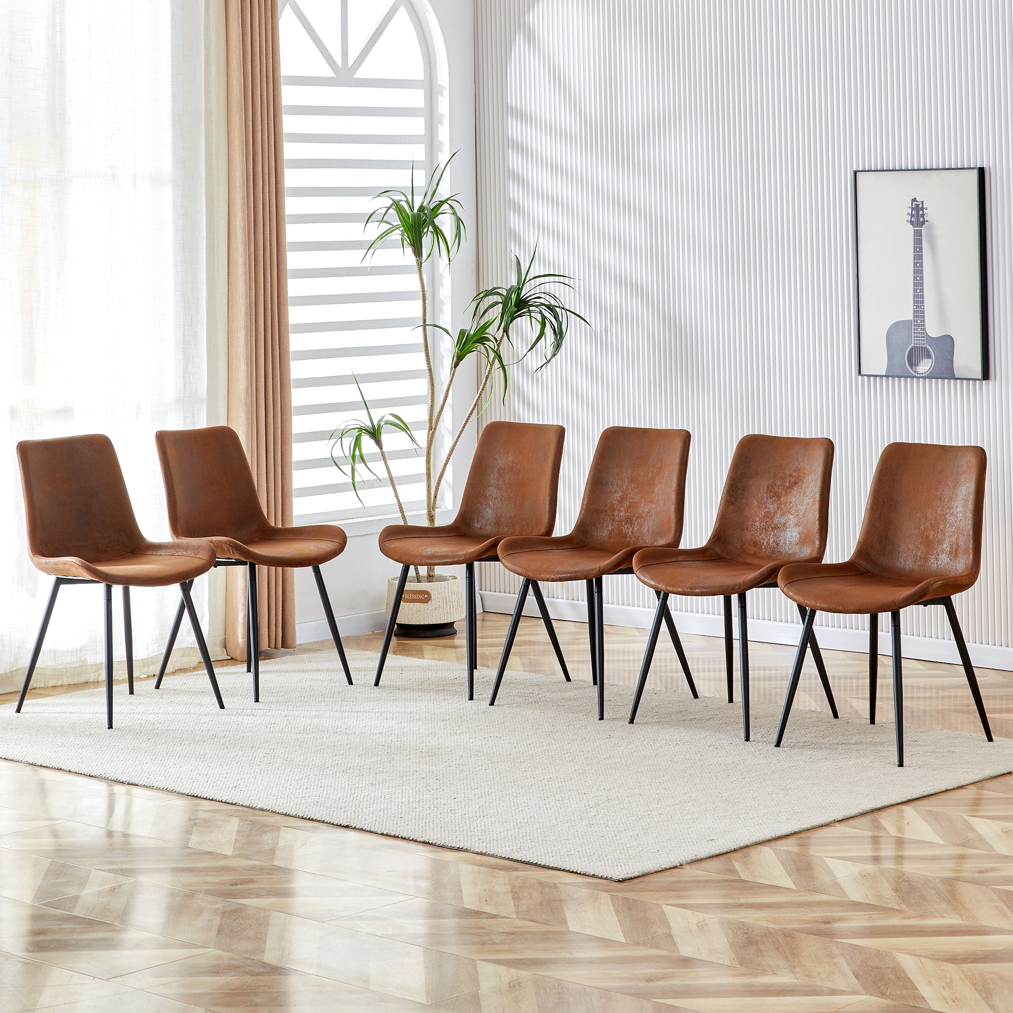 Premium Brown Suede Dining Chair with Black Metal Legs - Ergonomic Curved Cushion Design for Ultimate Comfort - Perfect for Restaurants, Kitchens, Bedrooms & Offices - Set of 6 Modern Chairs for Home and Commercial Use