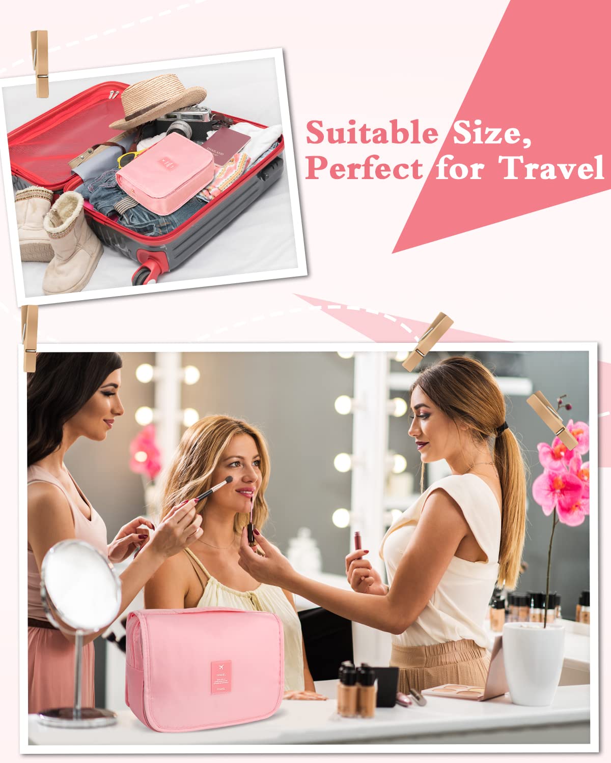Waterproof Hanging Makeup Bag for Women - Travel Toiletry Organizer with Clear Window & Hook | Cosmetic Storage for Bathroom, Shower & On-the-Go | Pink Travel Accessories