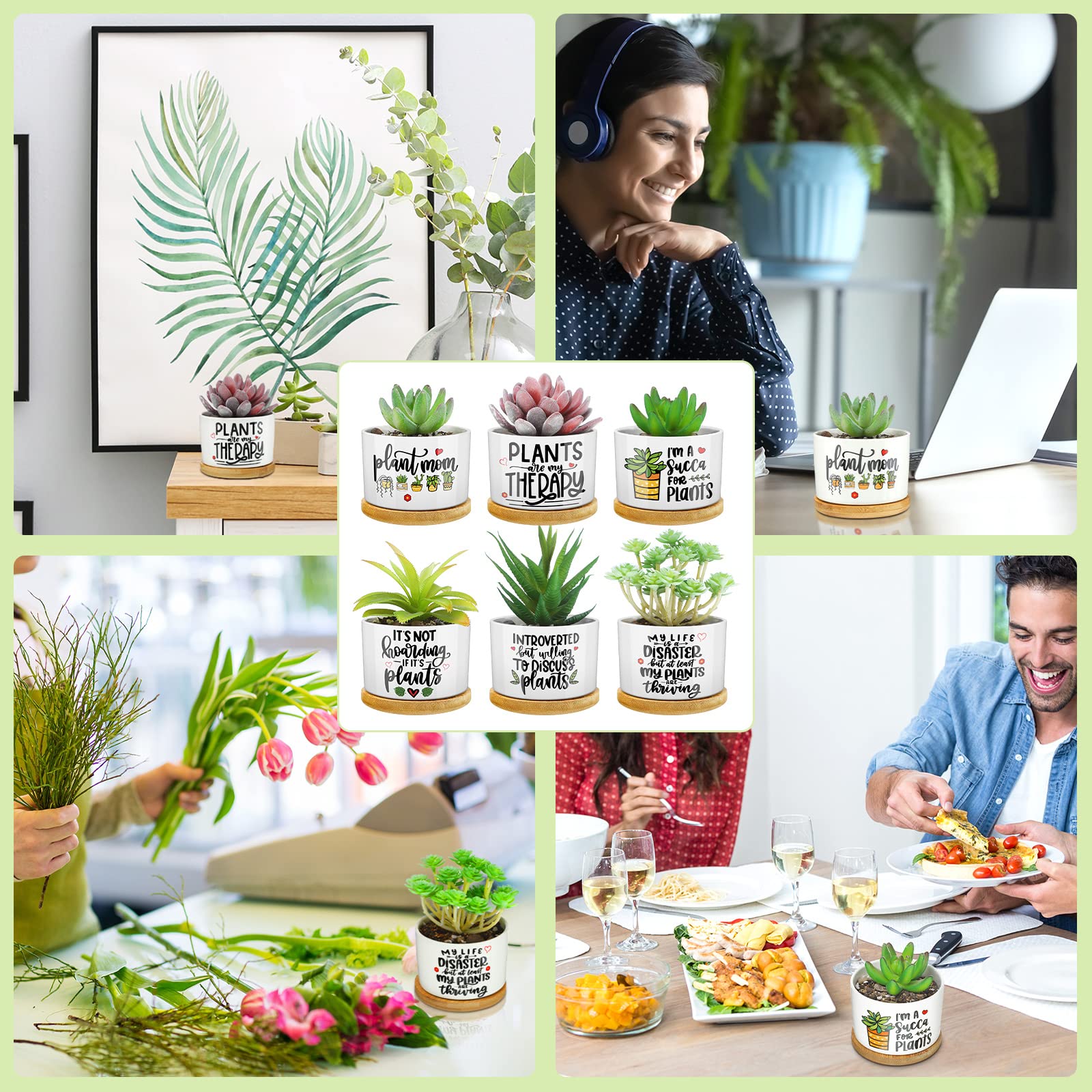 6-Piece Funny Succulent Plant Pots with Bamboo Tray - Cute Ceramic Planters for Succulents, Perfect Teacher Gifts for Graduation, Birthday & Office Decor (Cute Style) | Ideal for Home, Office Desk & Classroom Decorations