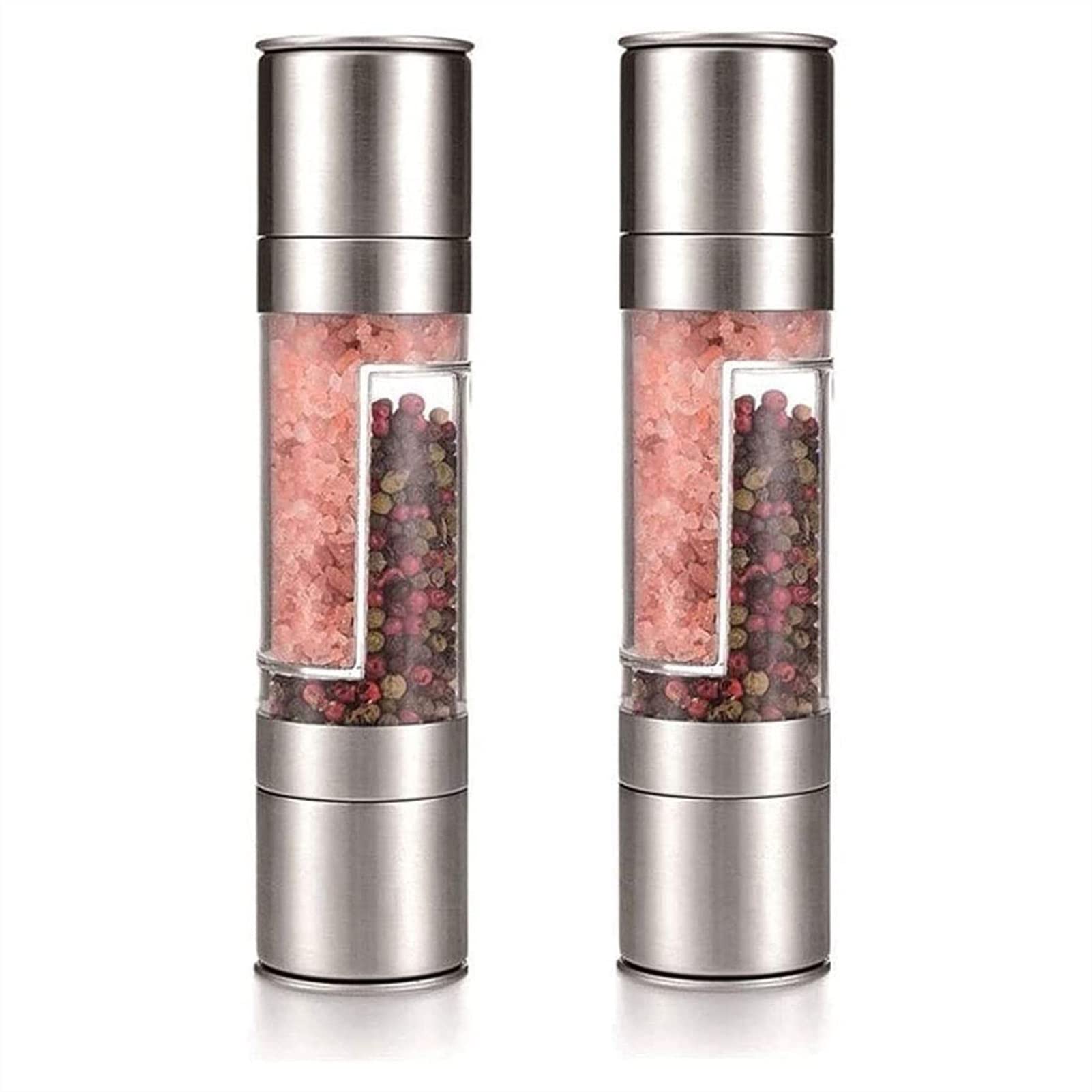 Premium 2-in-1 Stainless Steel Salt and Pepper Grinder Set - Adjustable Coarseness Ceramic Rotor with Dual Clear Acrylic Chambers - Perfect for Kitchen, Dining Table & Outdoor Cooking