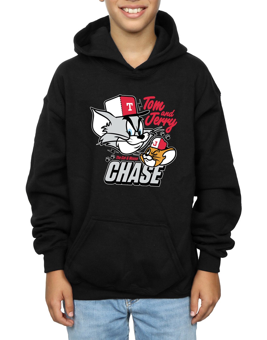 TOM and JERRY Boys Cat & Mouse Chase Hoodie - Black Cartoon Character Sweatshirt for Kids 5-6 Years | Fun Playtime & School Outfit