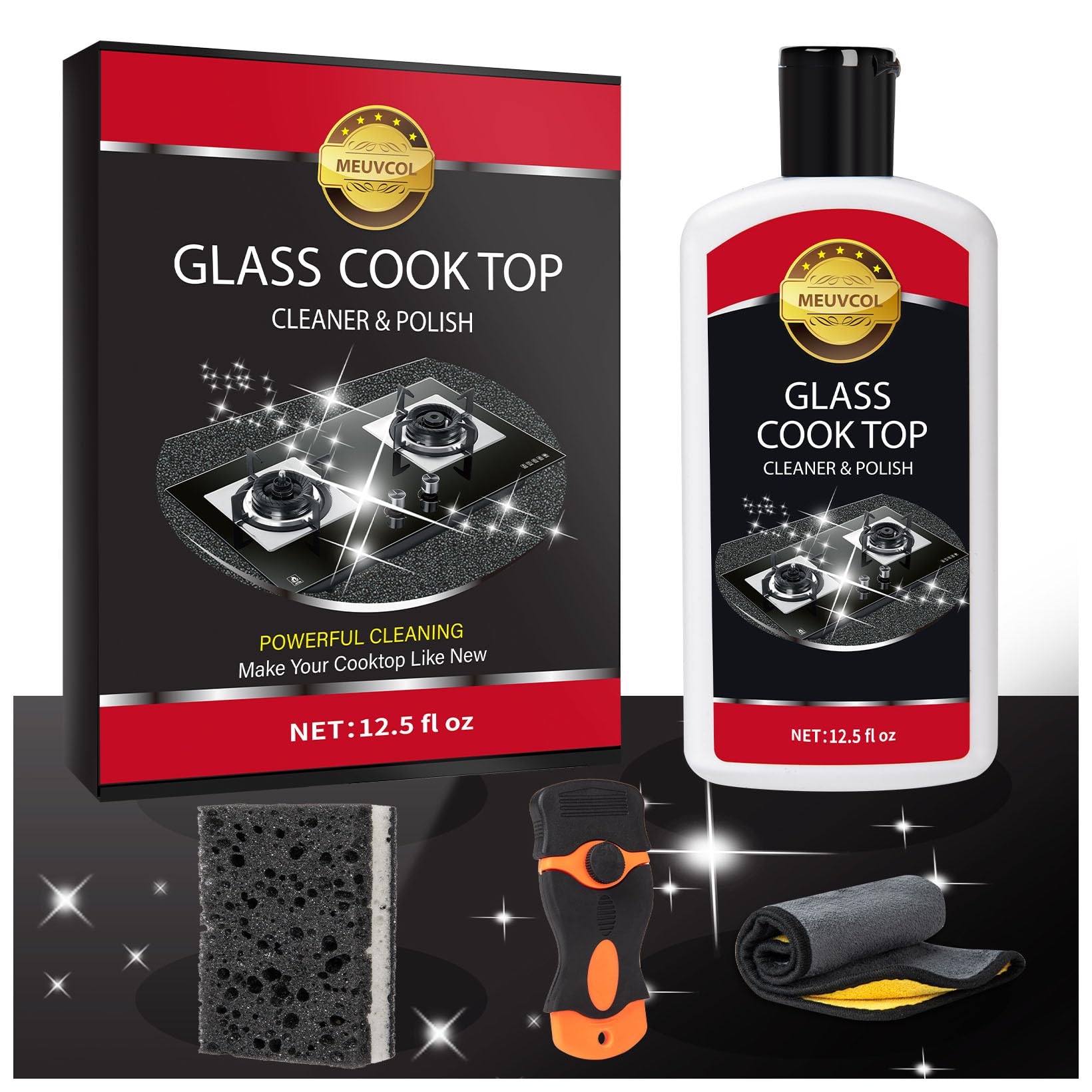 Premium Glass Stove Top Cleaner Kit - 12 Oz Non-Abrasive Cooktop Cleaner & Polish for Ceramic, Electric, Induction & Gas Stoves - Includes Scrubbing Pad, Scraper & Microfiber Cloth - Perfect for Daily Cleaning & Tough Burned-On Stains