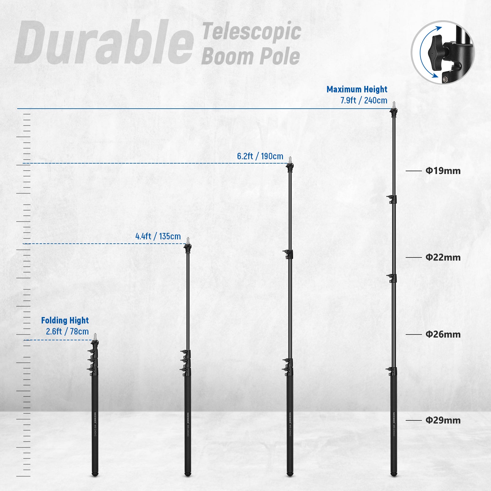 NEEWER MS240AC 7.9ft/240cm Telescopic Air Cushion Boom Pole - Professional Microphone Stand for Video Recording, Podcasting & Studio Use