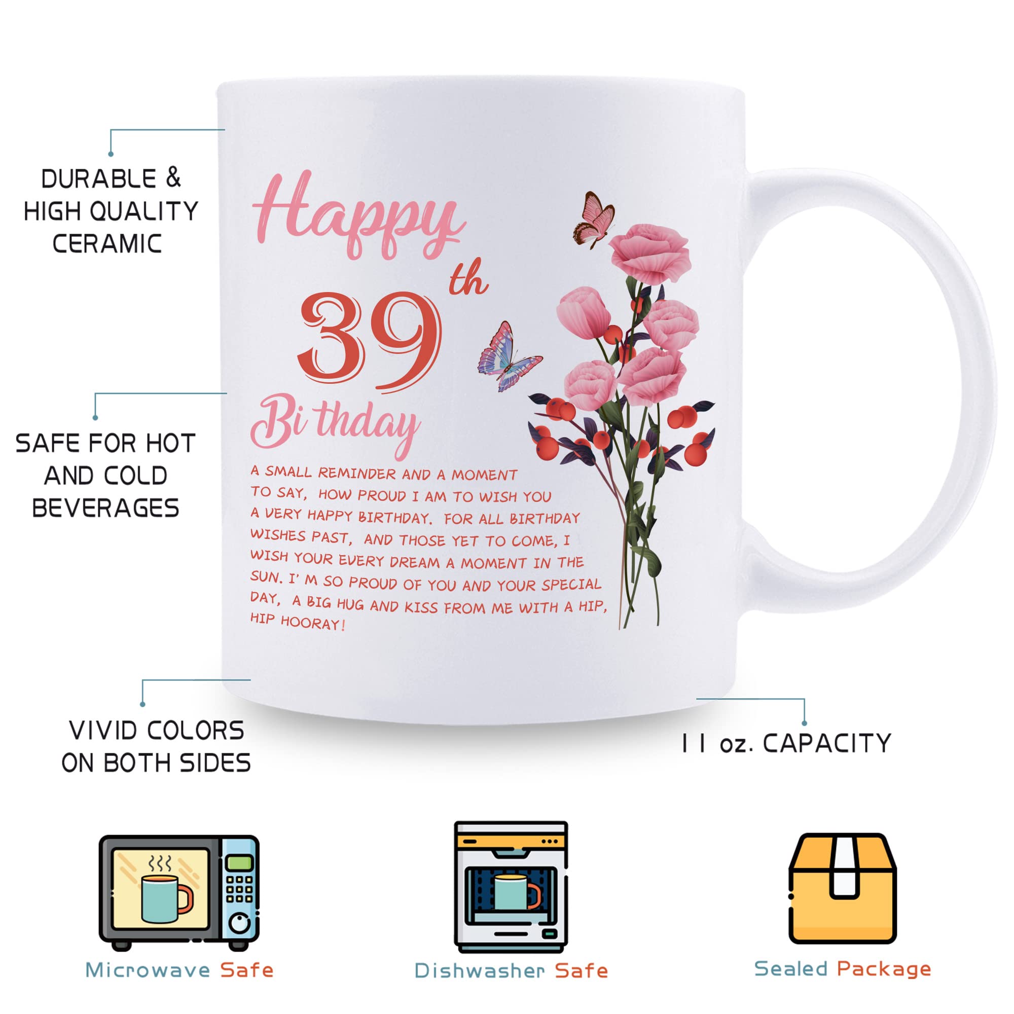 39th Birthday Gifts for Women - Funny 11oz Coffee Mug for Wife, Mom, Sister, Aunt or Coworker - Perfect 39th Birthday Present for Women - Great for Coffee, Tea & Office Use