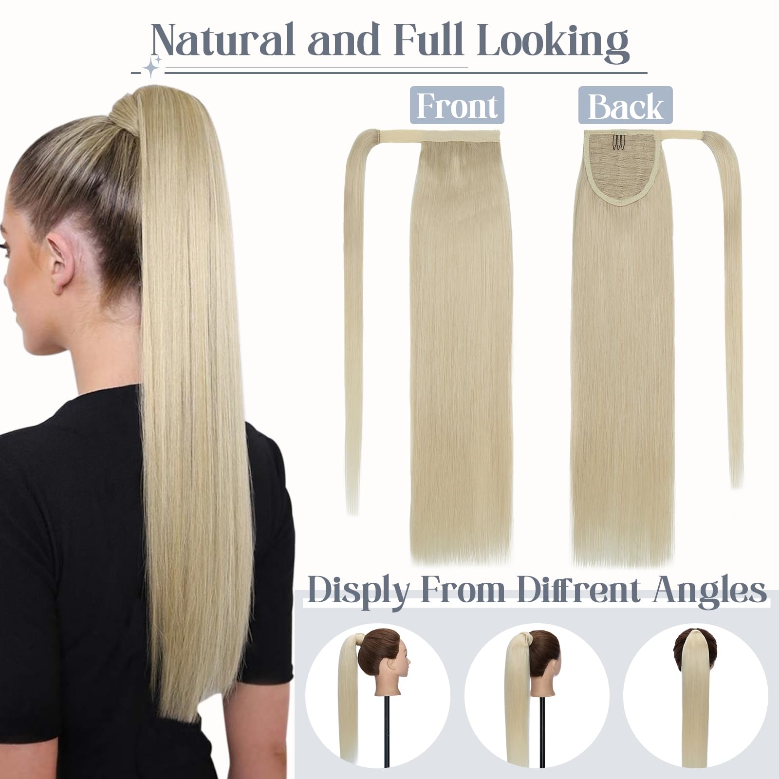 Premium 22 Inch Human Hair Ponytail Extensions - 95g Real Hair Clip-In Ponytail Wrap (Color #60 Platinum Blonde) for Women | Long Straight Hair Extensions for Daily Wear, Parties & Special Occasions
