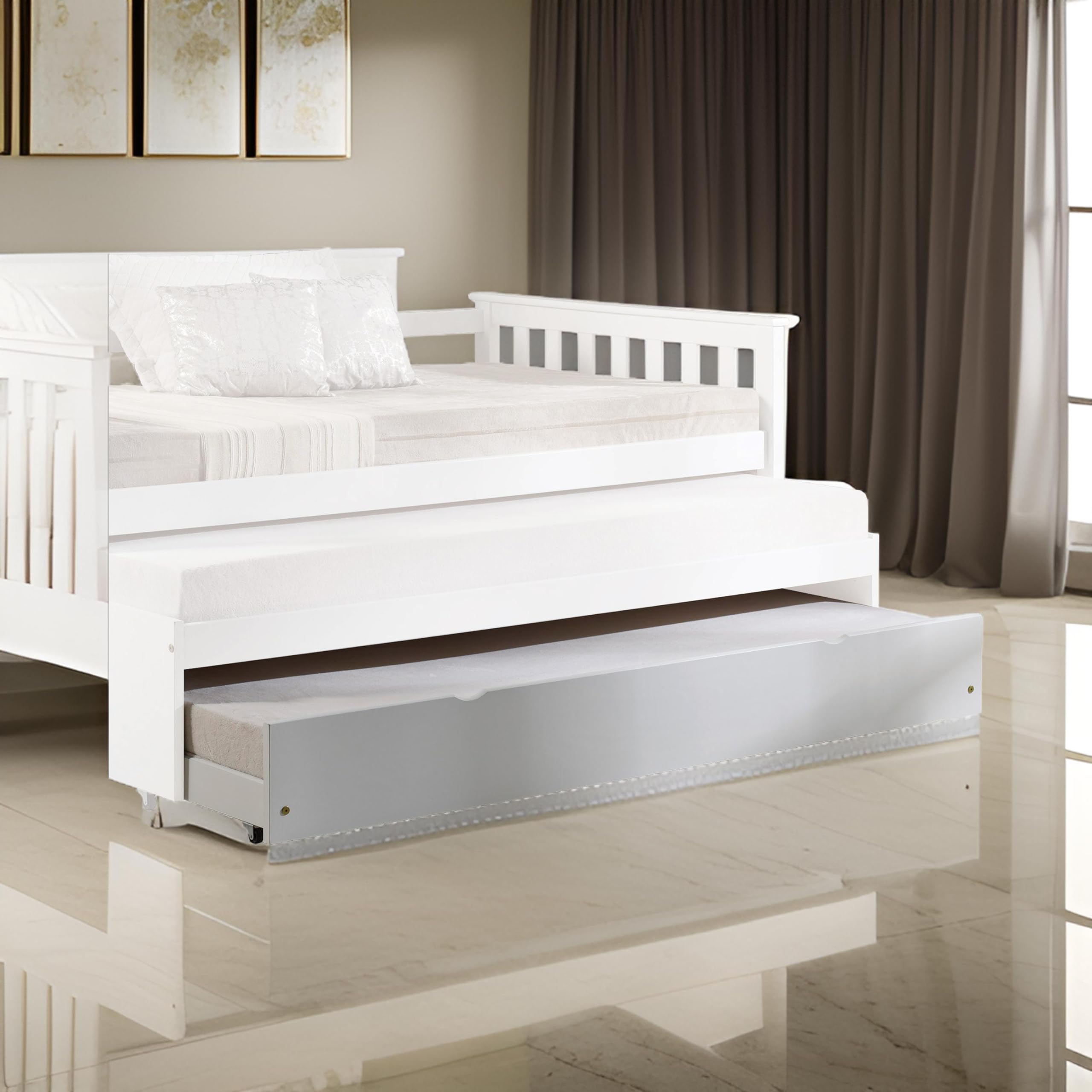 Benjara Mission Style Wooden Twin Size Daybed with Trundle and Caster Wheels in White - Perfect for Guest Rooms, Kids' Bedrooms & Small Spaces