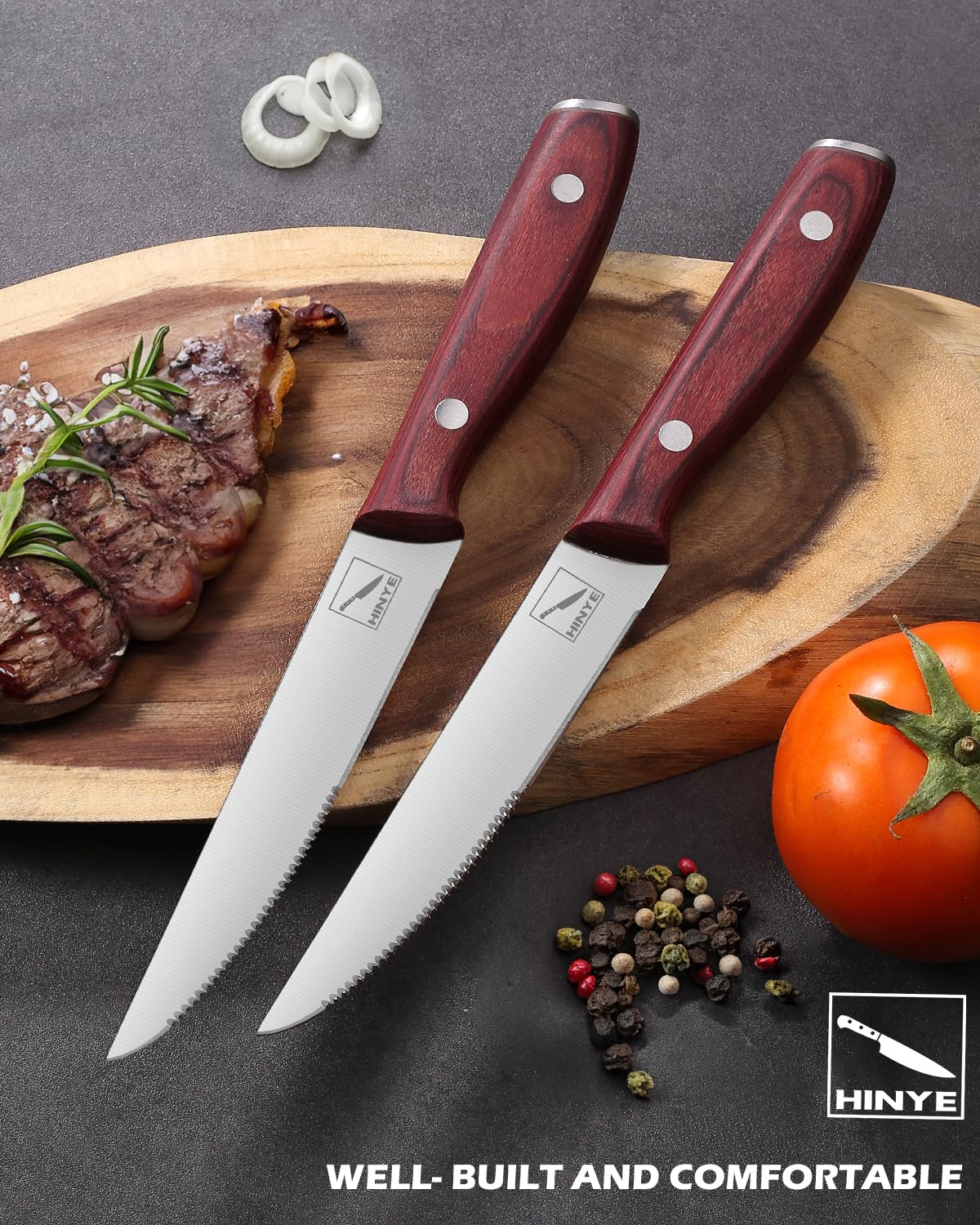 Premium 2-Piece Steak Knife Set - High-Quality Stainless Steel Serrated Blades with Ergonomic Wood Handle - Ultra Sharp & Durable Kitchen Cutlery - Perfect for Steakhouse Dining, BBQ Parties & Home Entertaining