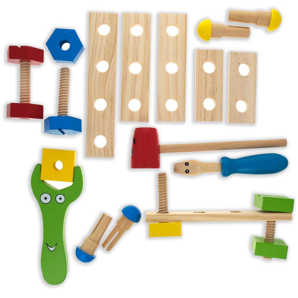 BestPysanky 21-Piece Construction Building Tool Set in Wooden Toolbox - Perfect for Kids DIY Projects, STEM Learning & Pretend Play