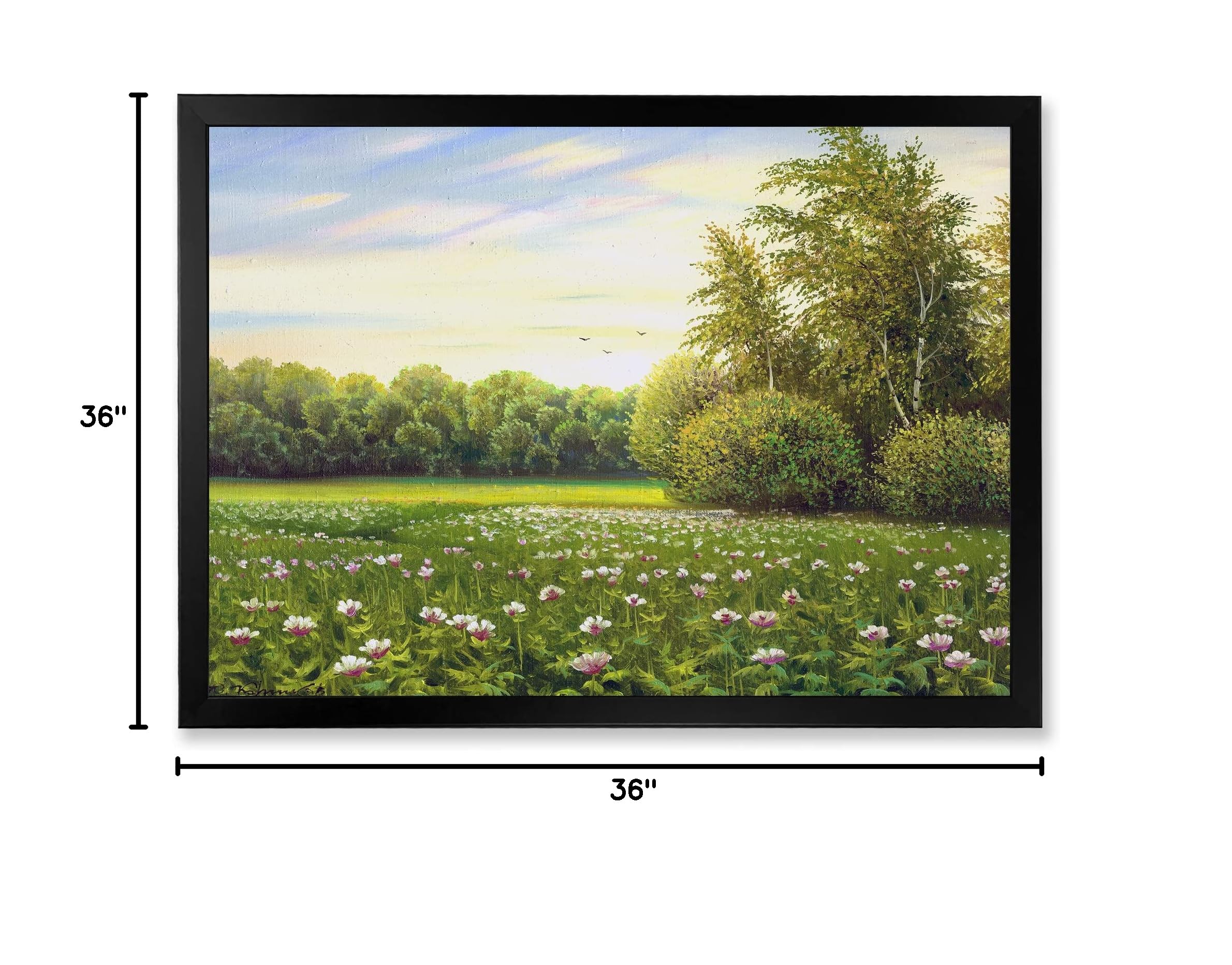 Spring Trees By The Meadows Country Framed Wall Art - Landscape Painting for Living Room, Bedroom & Office Decor
