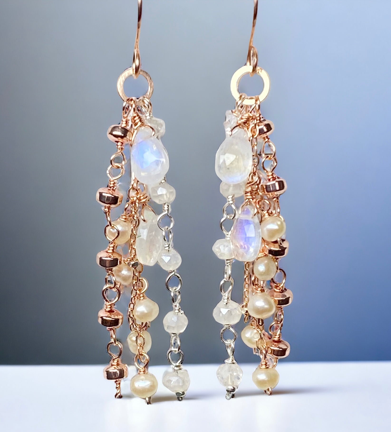 Rose Gold Dainty Moonstone Pearl Boho Dangle Earrings for Women - Romantic Vintage Jewelry Gift for Bridesmaids, Date Night & Boho Fashion Lovers