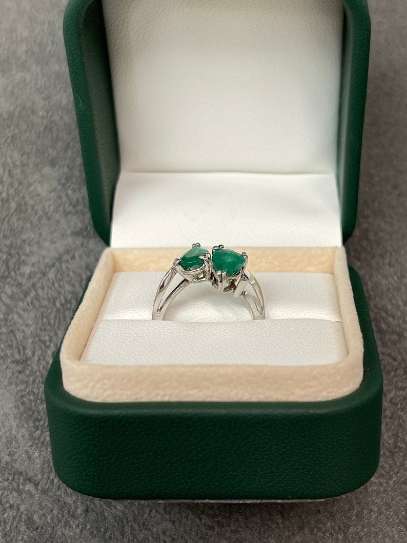 1.70tcw Natural Emerald Pear Cut 14K White Gold Dual Statement Ring for Women - Elegant Jewelry Gift for Weddings, Anniversaries & Special Occasions