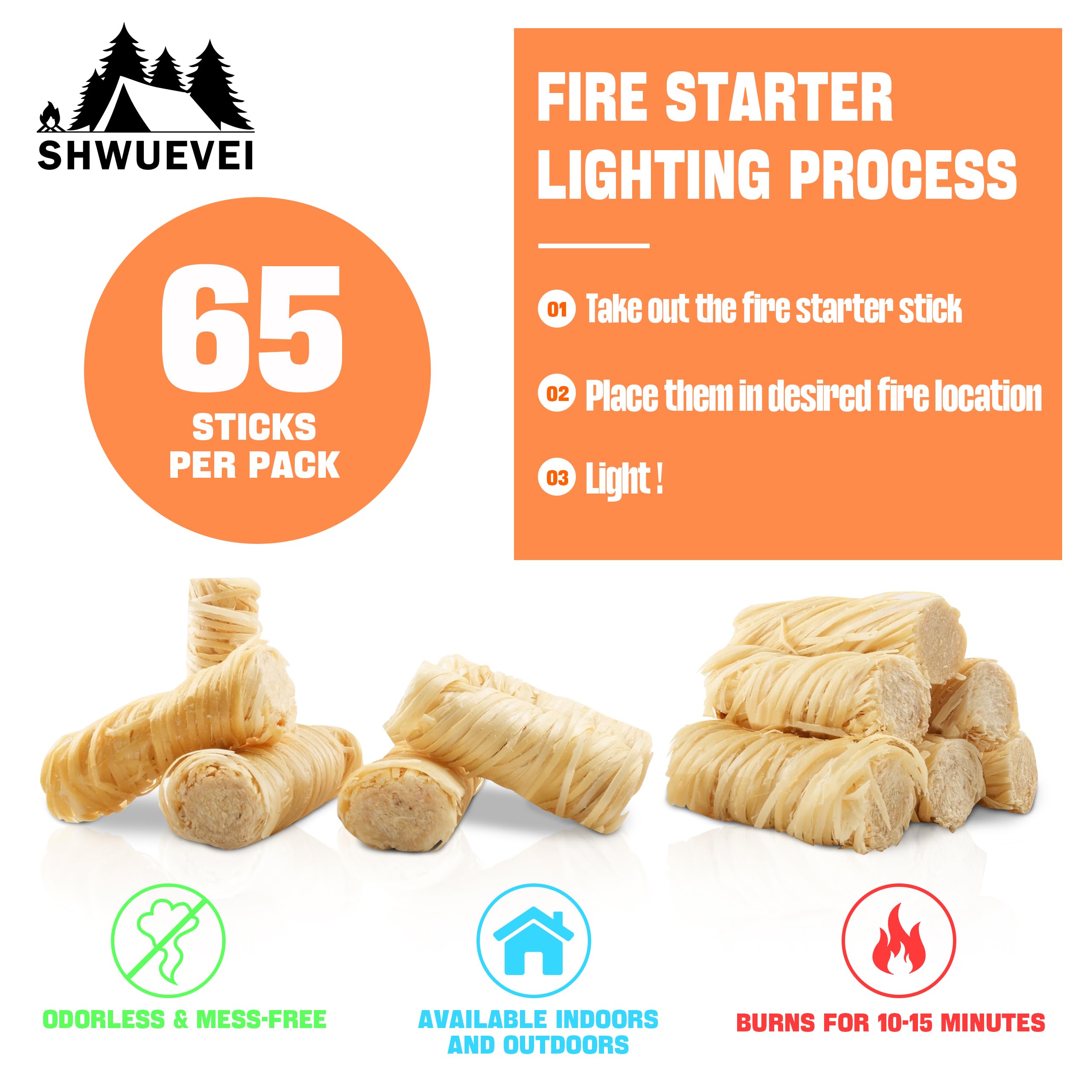 Shwueevei 65-Piece Natural Fire Starter Kit for Fireplace, Pellet Stove, Wood Stove, Fire Pit, Smoker, BBQ Grill & Pizza Oven - Quick Lighting Charcoal Starter for Camping, Backyard Bonfires & Outdoor Cooking