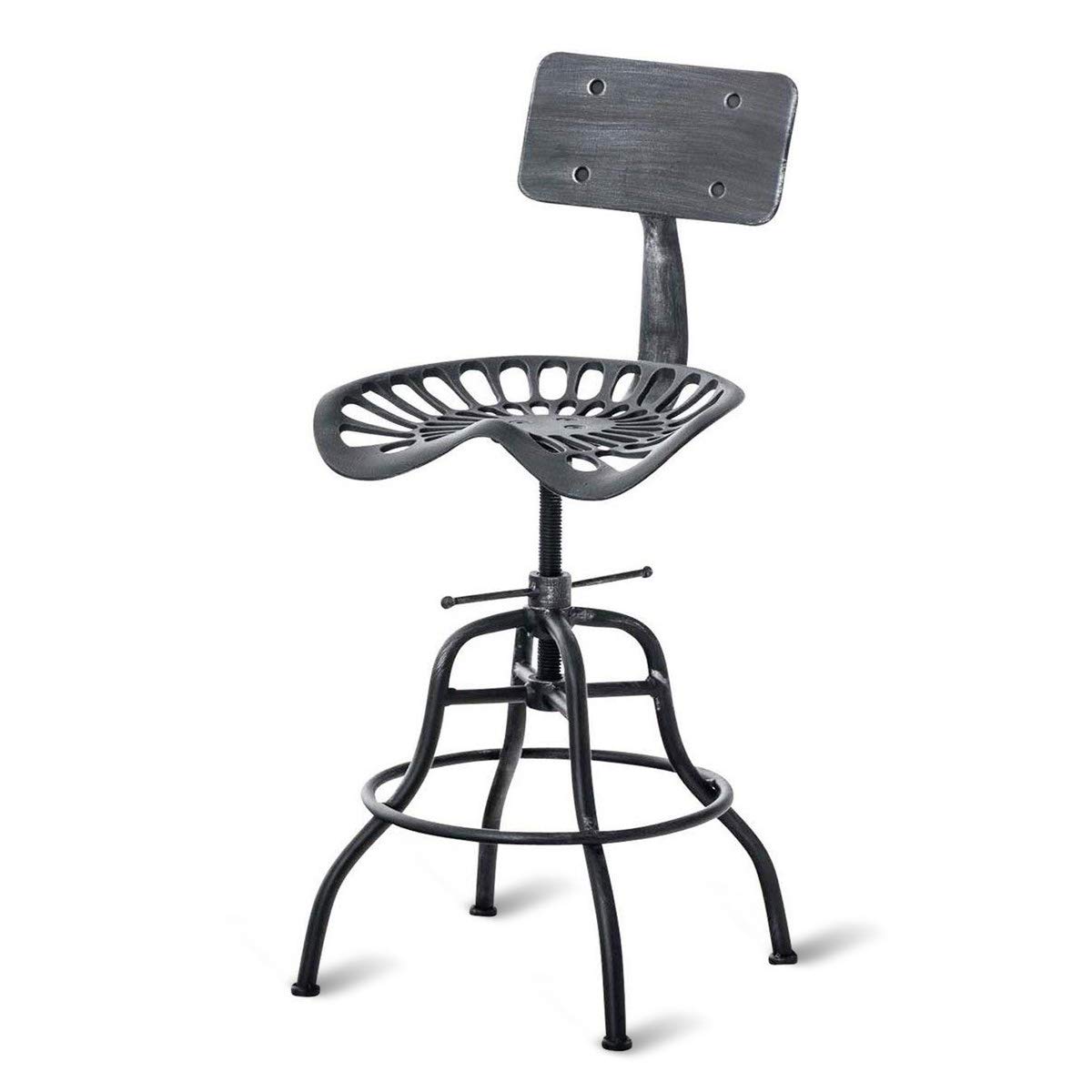Industrial Farmhouse Bar Stool - Adjustable Tractor Saddle Chair with Backrest (22-27 Inch Height) - Durable Metal & Cast Iron Counter Stool for Kitchen, Bar, Restaurant & Home Decor - Silver Finish