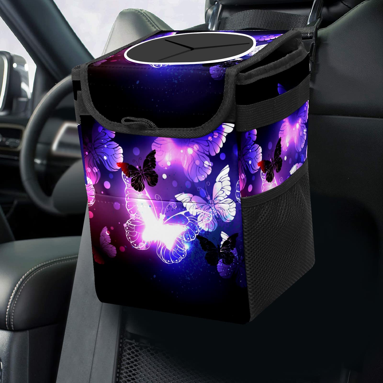 Purple Butterfly Car Trash Can with Lid - Collapsible Reusable Waterproof Auto Garbage Bin for Car, Truck & SUV | Car Accessories & Interior Organizer | Perfect for Road Trips, Commuting & Keeping Vehicle Clean