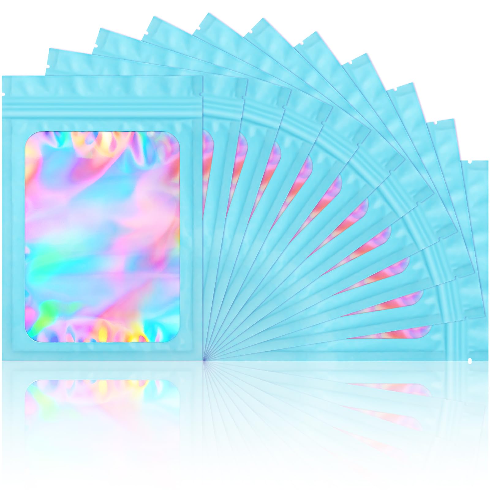 100-Pack Smell Proof Mylar Bags - Airtight Resealable Holographic Pouch with Clear Window for Food Storage, Eyelash, Jewelry & Electronics | 4x6 Inch Blue | Perfect for Travel, Organization & Long-Term Preservation