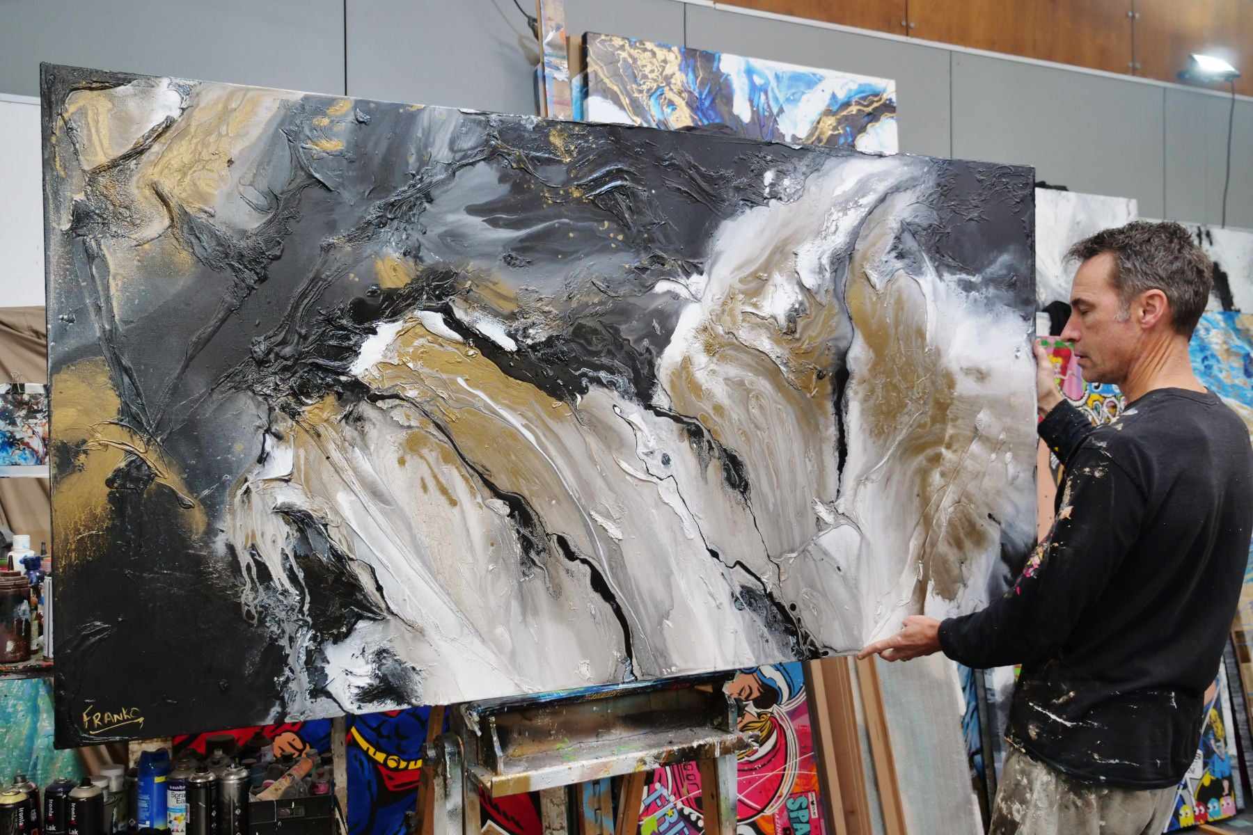 Black Gold Textured Abstract Canvas Painting 75