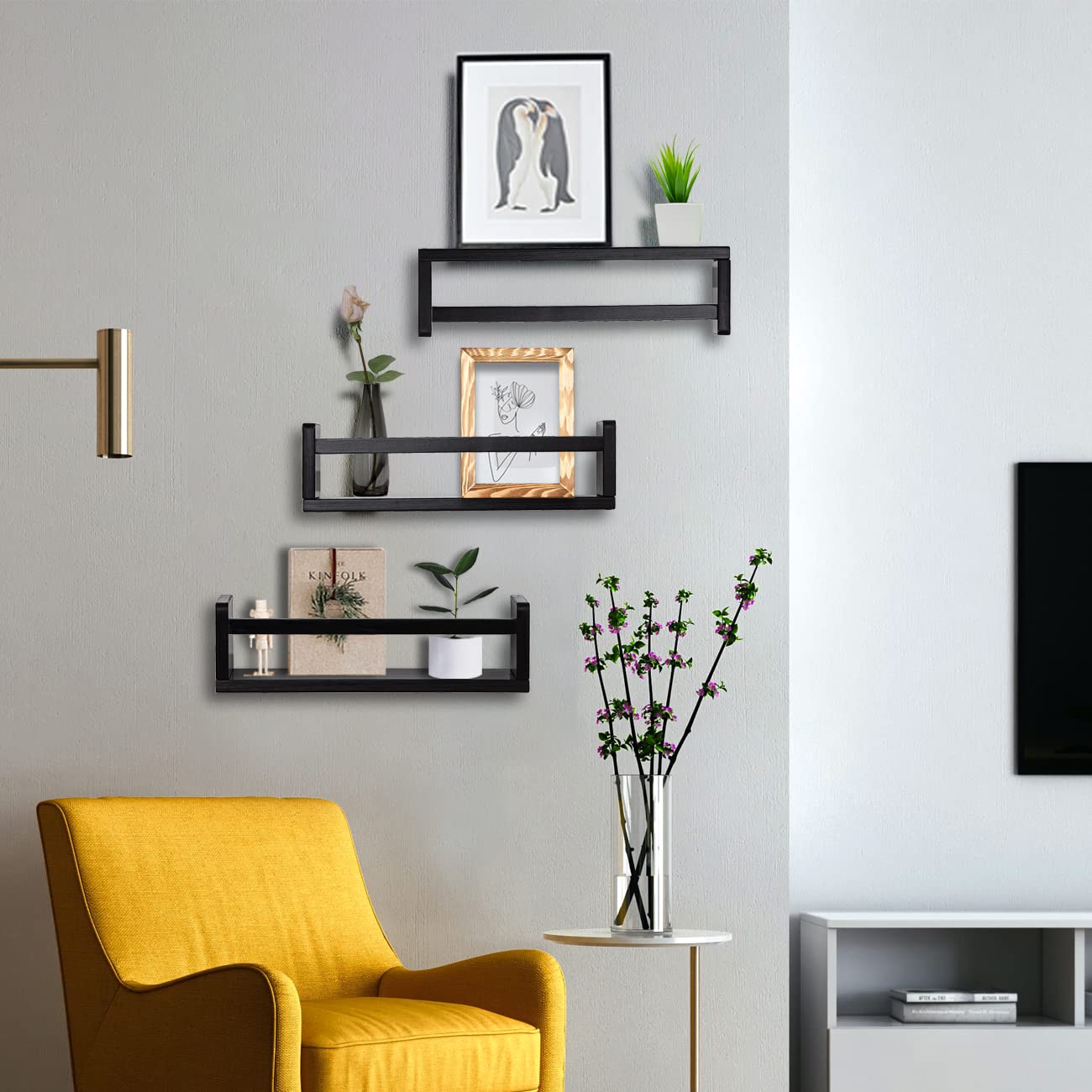 AZSKY Set of 3 Black Wooden Floating Wall Shelves - 16 Inch Nursery Bookshelves for Kids, Bathroom, Living Room & Kitchen Decor - Perfect for Organizing Books, Toys, Spices & Home Décor