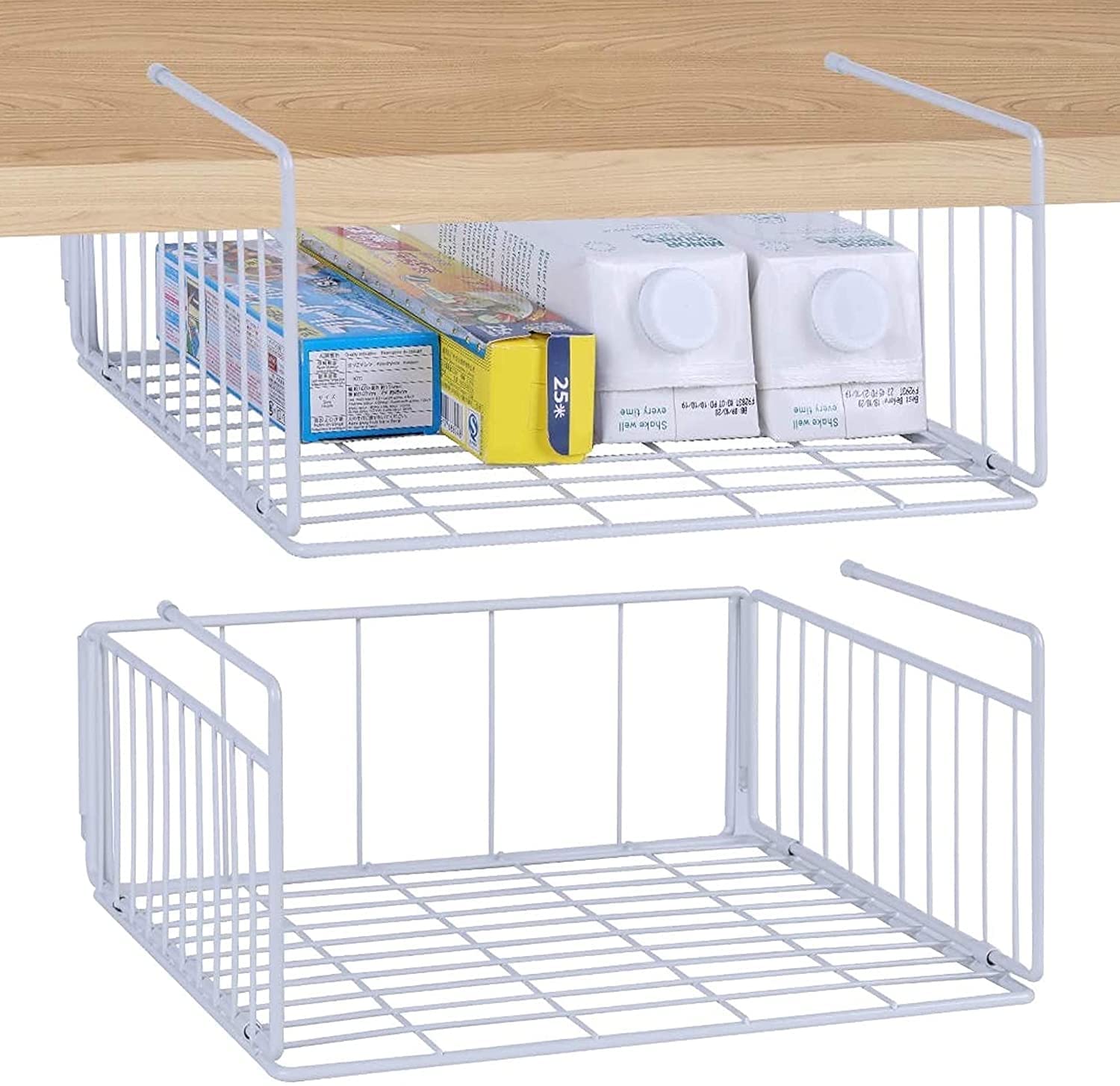 SUFAUY 2 Pack Under Cabinet Shelf Basket - Heavy Duty Hanging Wire Rack Storage Organizer (22lbs Capacity) - Perfect for Pantry, Refrigerator, Kitchen, Bathroom & Office Organization - White