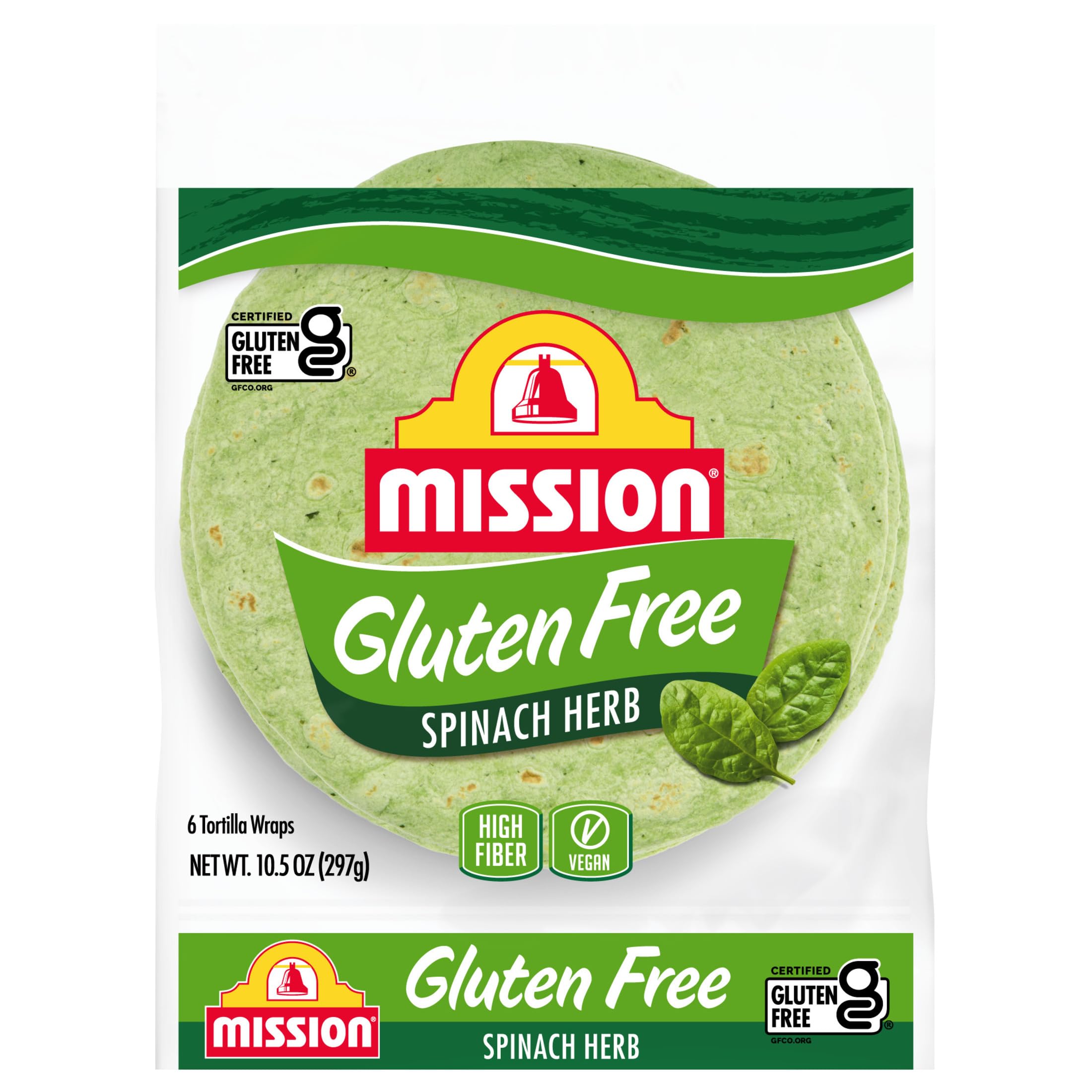 Mission Gluten Free Spinach Herb Tortilla Wraps - 6 Count, Trans Fat Free, Vegan & Healthy - Perfect for Wraps, Quesadillas & Lunchbox Meals
