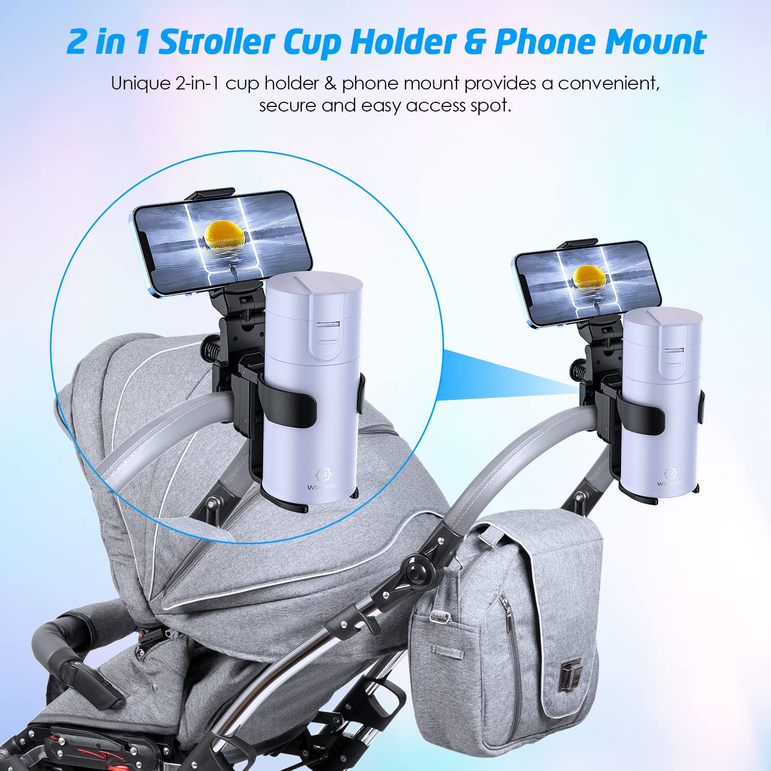 WixGear Universal Stroller Cup Holder with Adjustable Phone Stand - 2-in-1 Drink & Smartphone Holder for Baby Strollers, Wheelchairs, Walkers - Perfect for Parents, Caregivers & Outdoor Activities