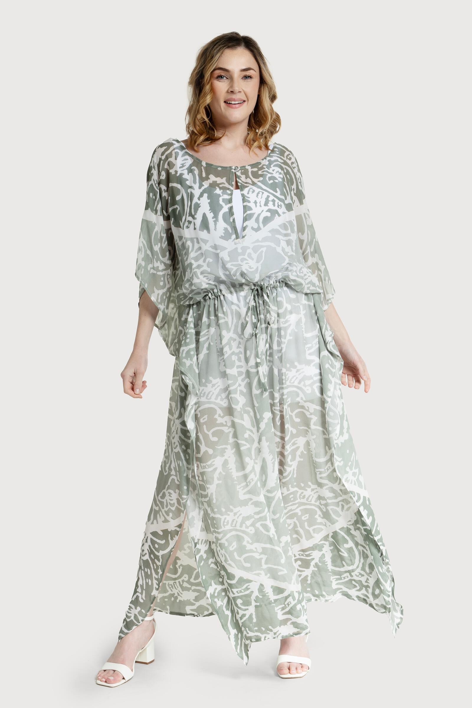 Floral Print Kaftan Dress with Tie Waist - Elegant Monochrome Outfit for Beach Vacation, Summer Party & Boho Chic Style