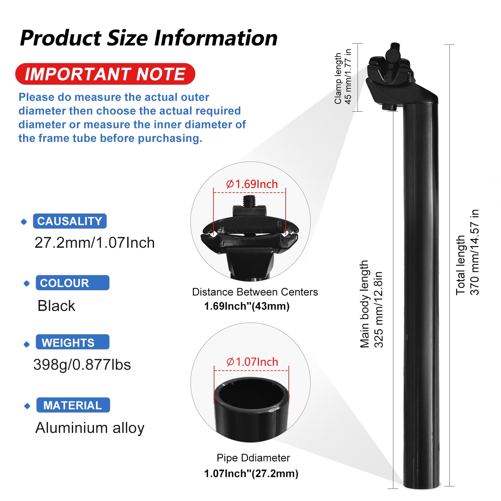 27.2mm Bike Seat Post - 350mm Adjustable Bicycle Seatpost for Road, Mountain & BMX Bikes | Angle & Height Adjustable Cycling Seat Clamp | Perfect for Commuting, Trail Riding & Urban Cycling
