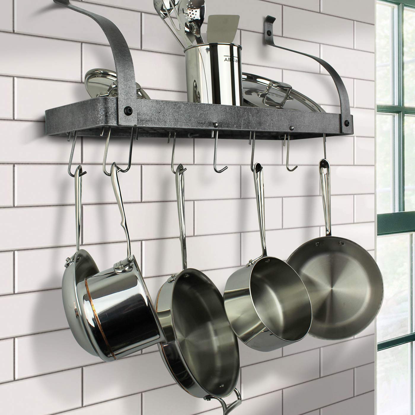 Enclume Handcrafted 30-Inch Gourmet Bookshelf Wall Rack with Curved Arm & 12 Hooks - Hammered Steel Kitchen Organizer for Spices, Utensils, and Cookbooks - Perfect for Farmhouse, Rustic, and Modern Kitchens