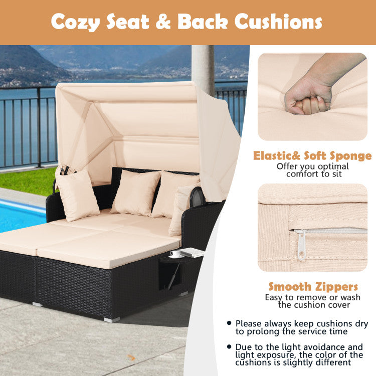 Costway Outdoor Patio Rattan Daybed with Retractable Canopy & Side Tables - Black - Perfect for Poolside Lounging, Garden Relaxation & Backyard Sunbathing