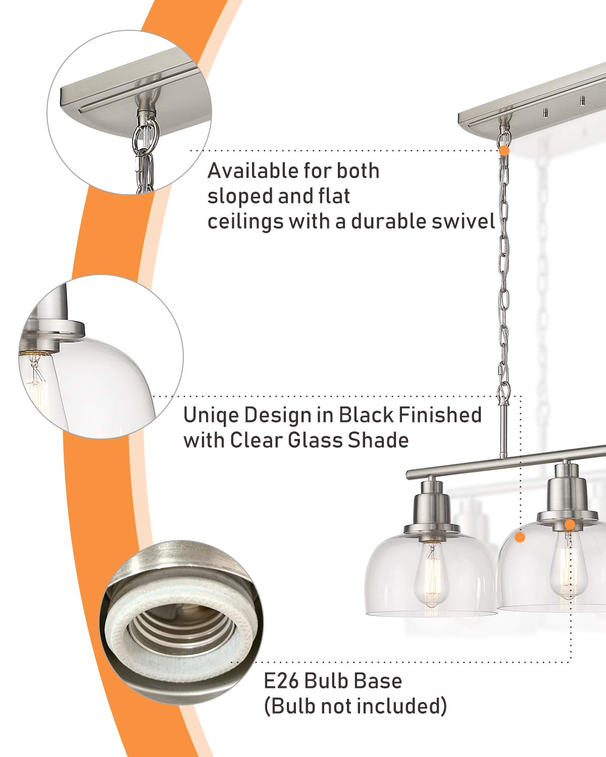 EAPUDUN 3-Light Kitchen Island Pendant Lighting - Farmhouse Style Brushed Nickel Ceiling Light with Clear Glass Shades for Dining Room, Bar, Pool Table & More (Model PDA1125-BNK) | Perfect for Modern Farmhouse, Industrial & Rustic Home Decor