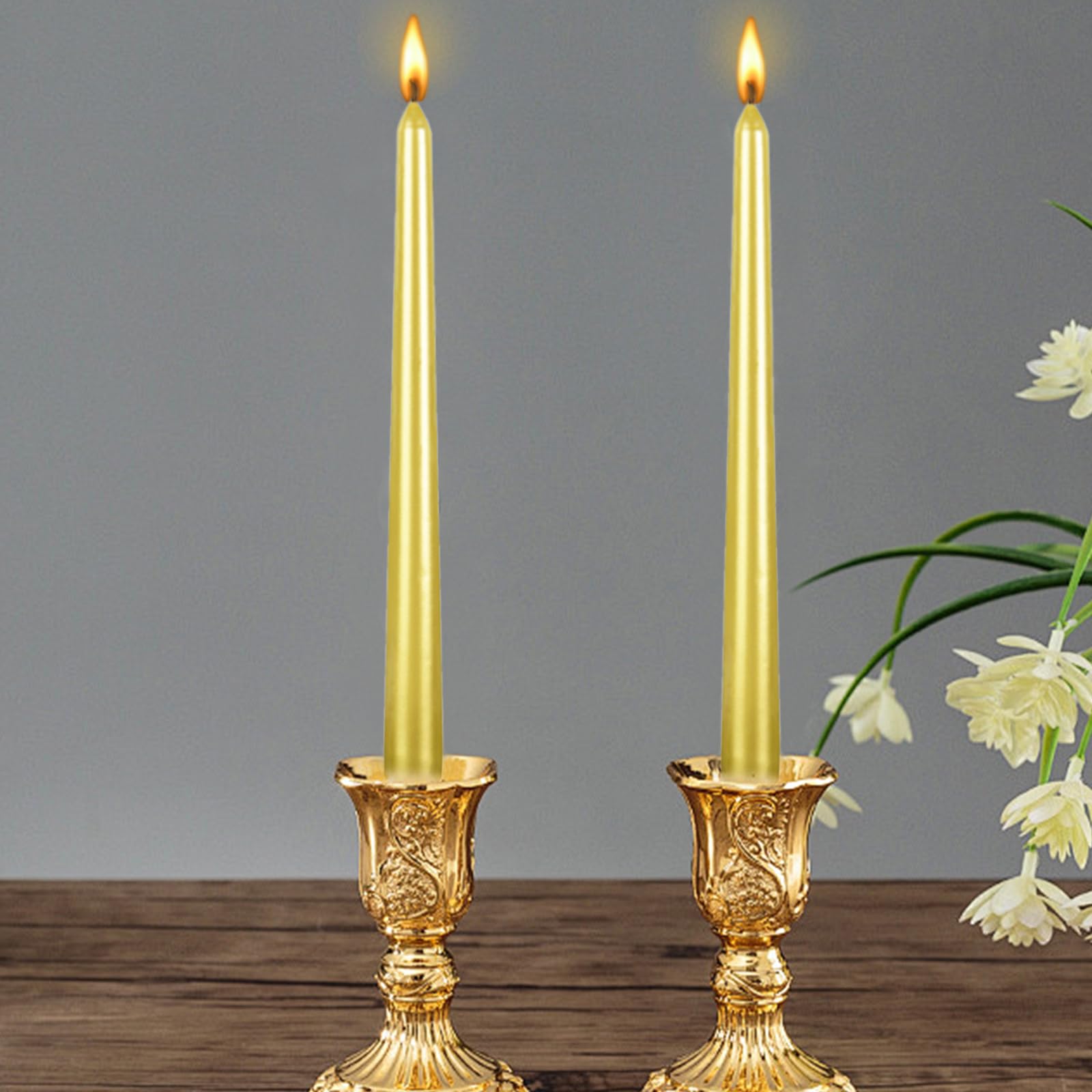 12 Pack 10 Inch Spiral Taper Candles - Long Lasting 8 Hours, Unscented & Smokeless - Elegant Glossy Gold for Home Decor, Dinner Parties, Weddings, Halloween & Christmas Celebrations