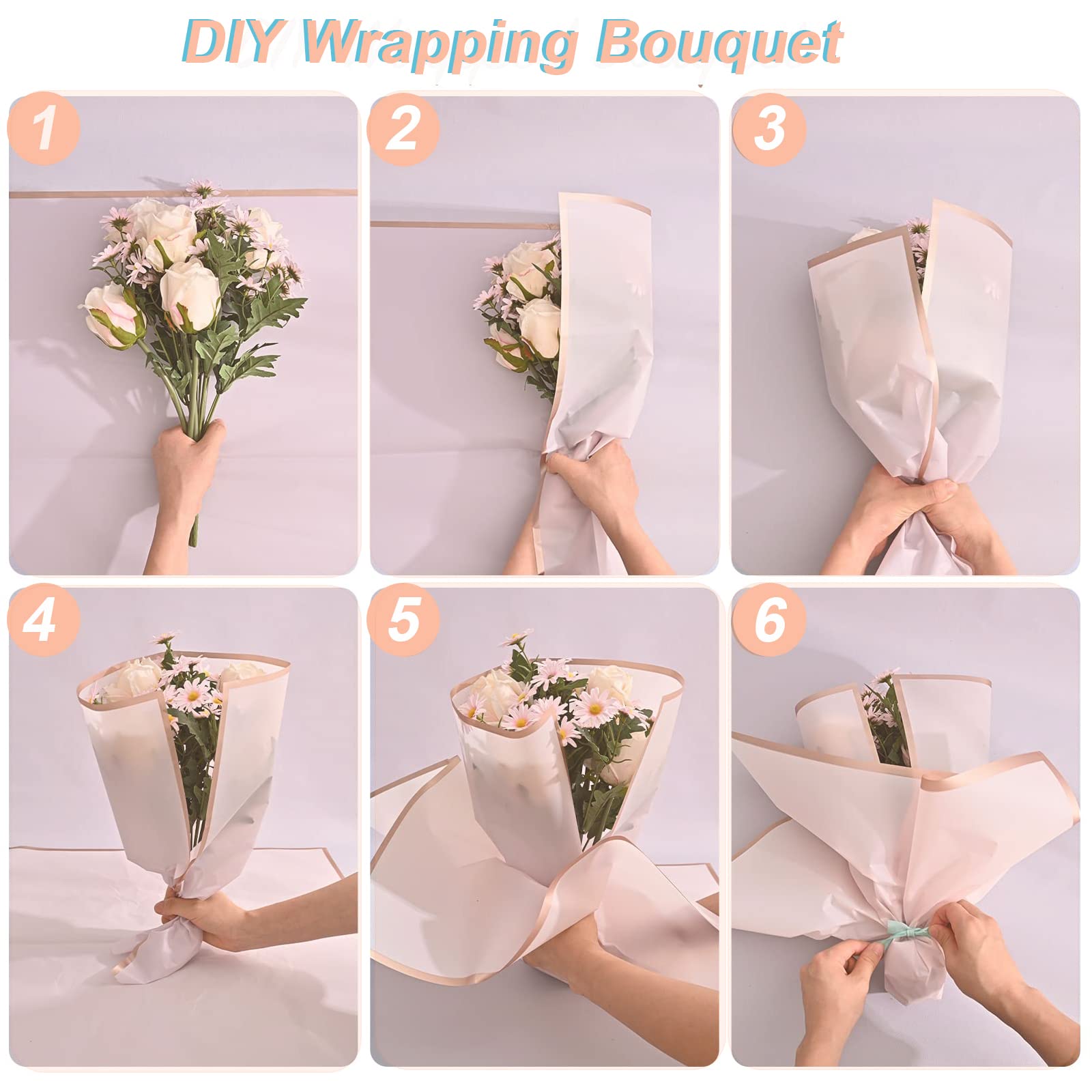 VOWOVOSDAY Pink Flower Wrapping Paper - 20 Sheets Waterproof Floral Gift Wrap with Ribbon for DIY Bouquet Packaging, Wedding Favors, Birthday Presents & Craft Projects (Light Pink)
