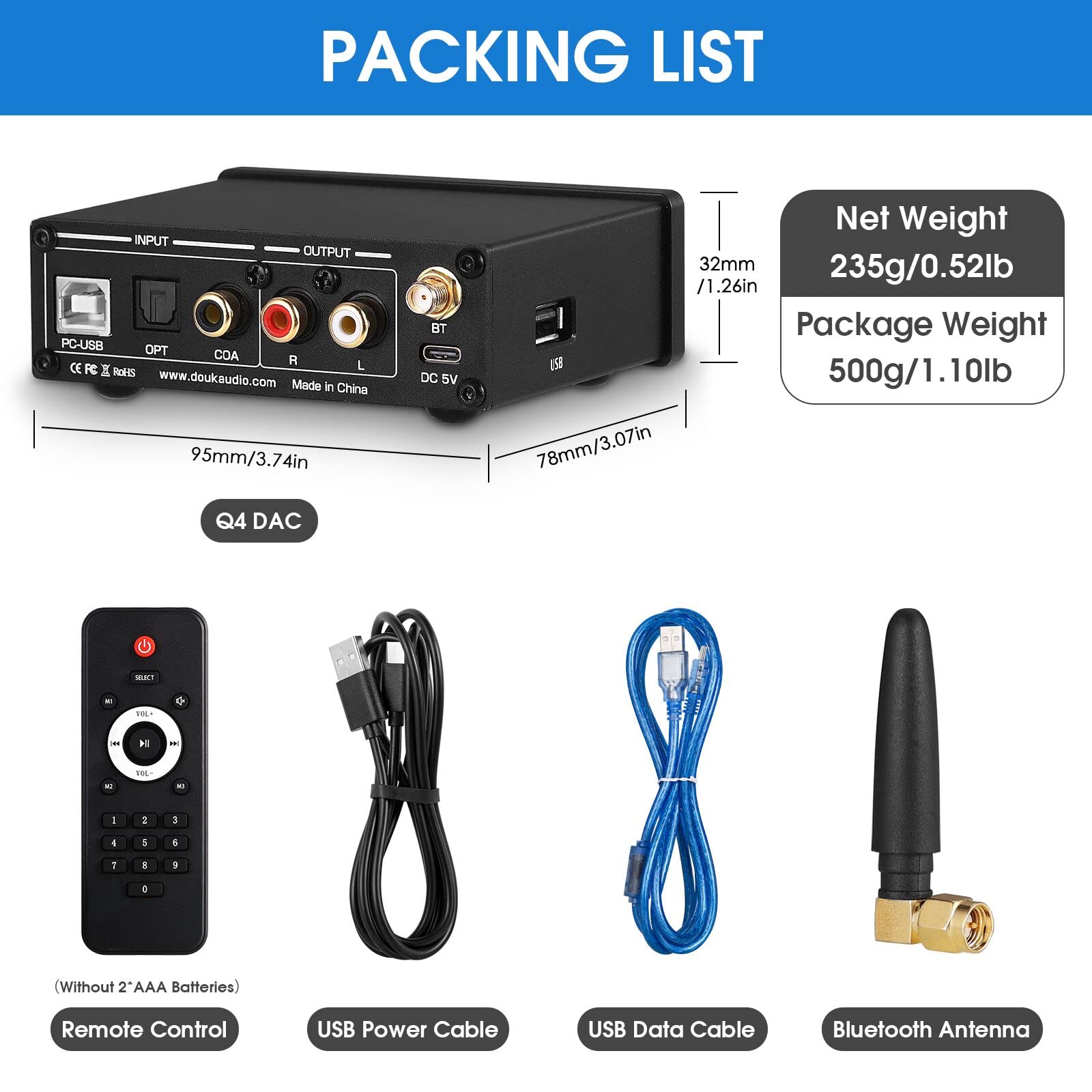 Nobsound Q4 DAC Bluetooth 5.0 Headphone Amp - Hi-Fi Audio Converter for PC/USB/Coaxial/Optical to RCA - Home Studio & Gaming