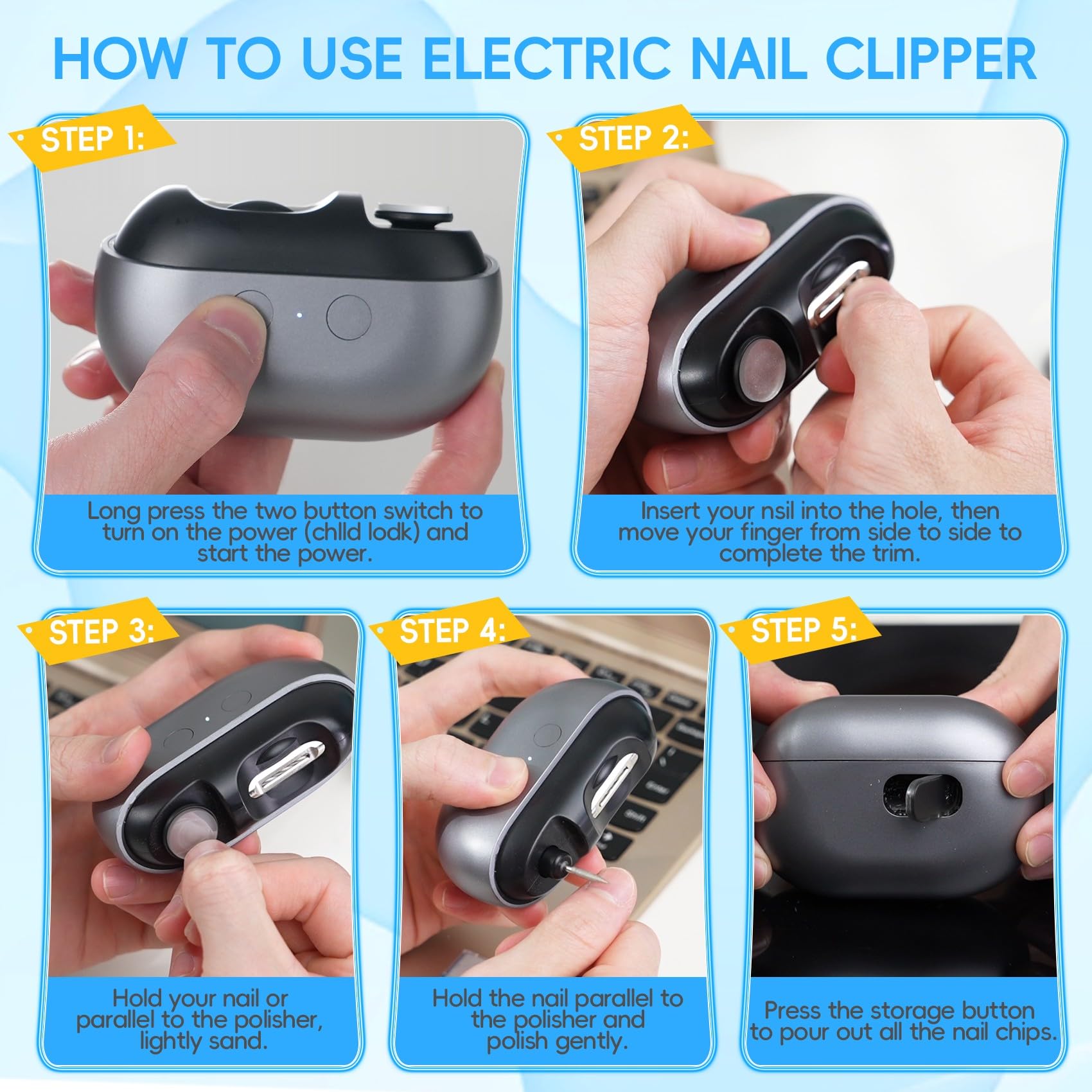 Electric Nail Clipper - 3 in 1 USB Rechargeable Nail Trimmer & Polisher with LED Light & Storage Case, 2 Speed Settings for Baby, Kids, Adults & Seniors (Frosted Black) - Perfect for Home, Travel & Salon Use