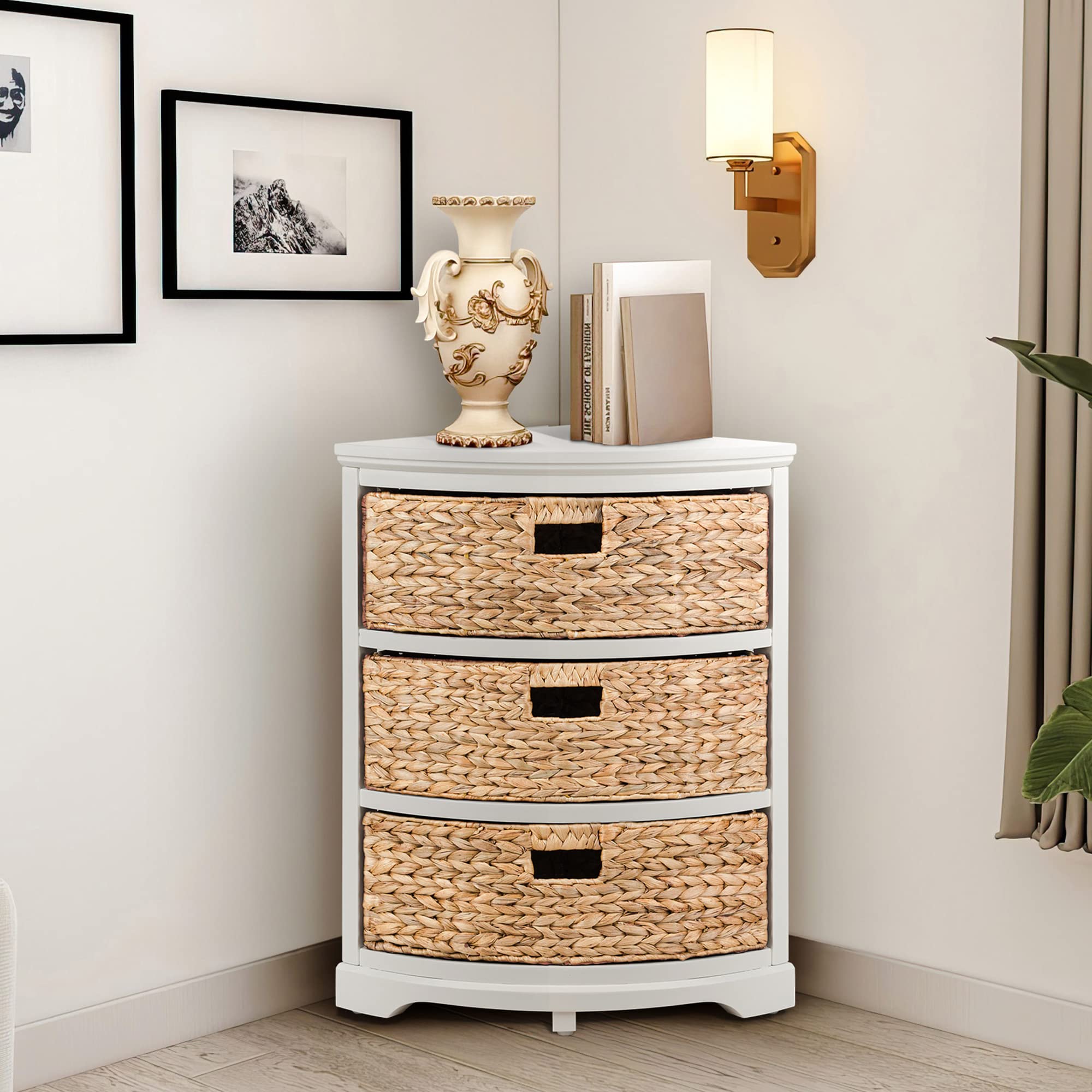 Hampton Meadows 3-Tier X-Side Corner Storage Cabinet with 3 Wicker Baskets - White | Space-Saving Organizer for Bedroom, Bathroom & Living Room | eHemco
