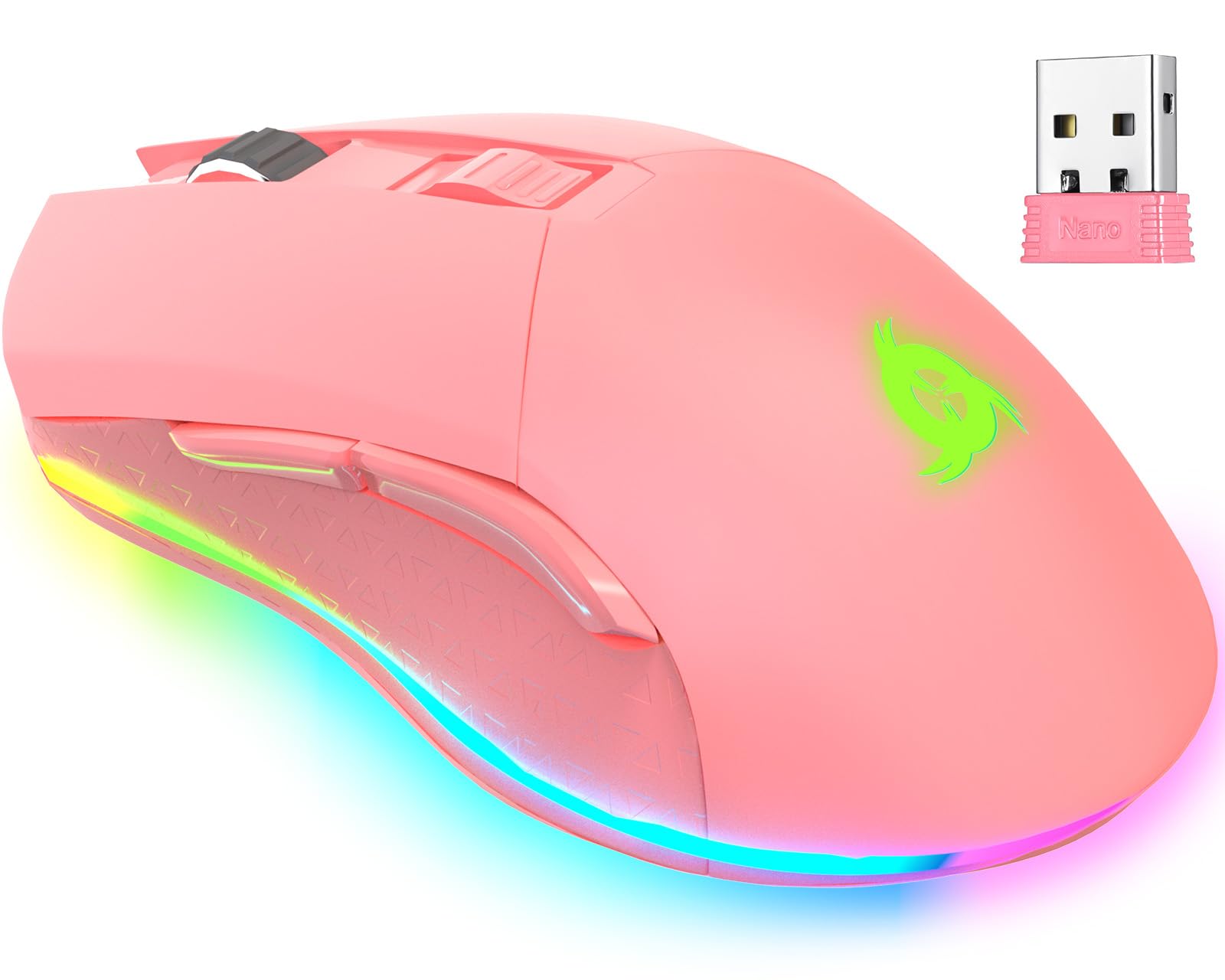 KLIM Blaze Rechargeable Wireless RGB Gaming Mouse - High Precision 16000 DPI Optical Sensor, 50H Battery Life, 7 Programmable Buttons - Dual Mode USB/Wireless for PC, Mac, Laptop - Pink Gaming Mouse for FPS, MOBA, Esports & Office Work