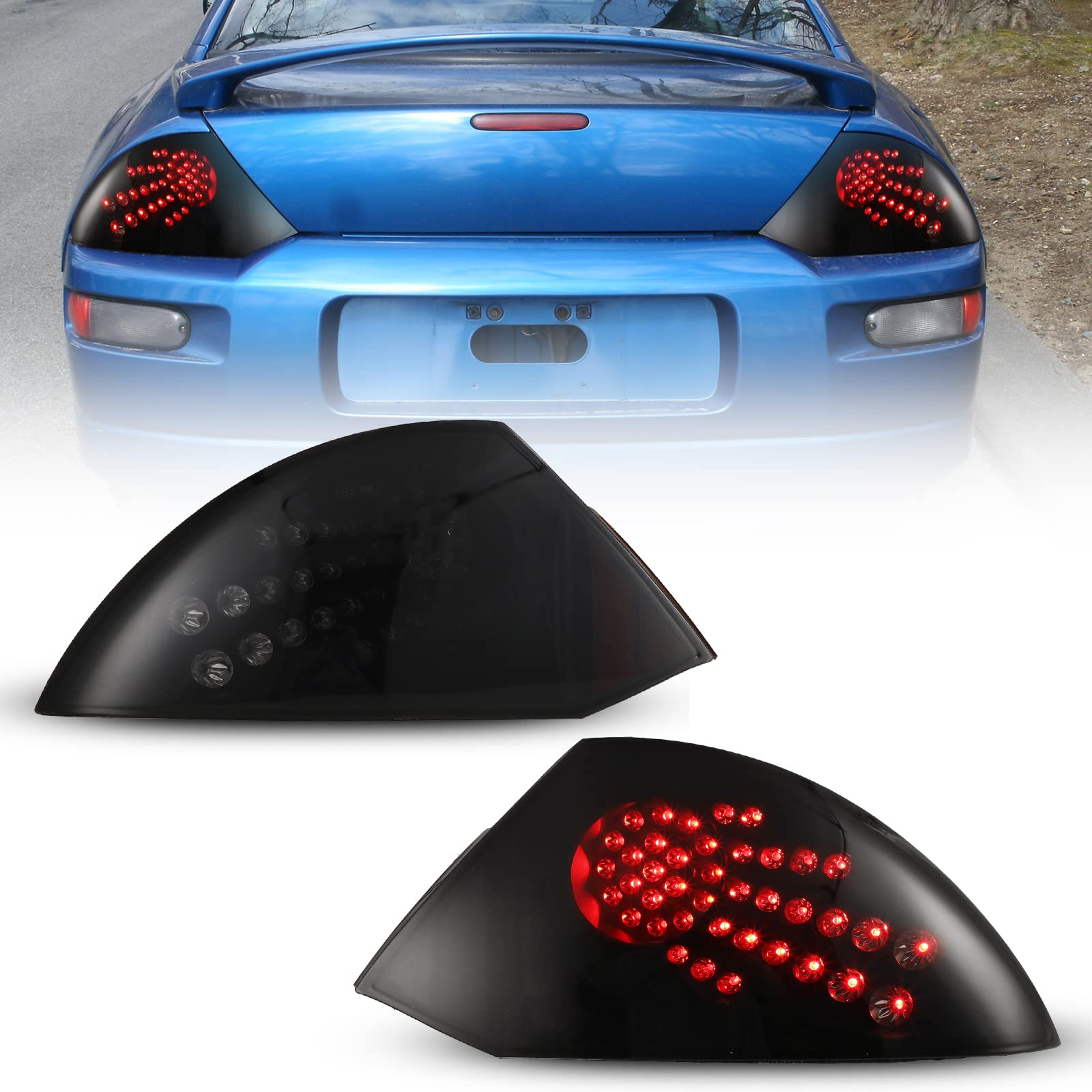 ROXX LED Tail Lights Assembly for 2000-2005 Mitsubishi Eclipse - Smoked Lens Pair with LED Turn Signal, Brake Lights & DRL - High-Quality Rear Lights for Driver & Passenger Side - Perfect for Night Driving & Car Customization