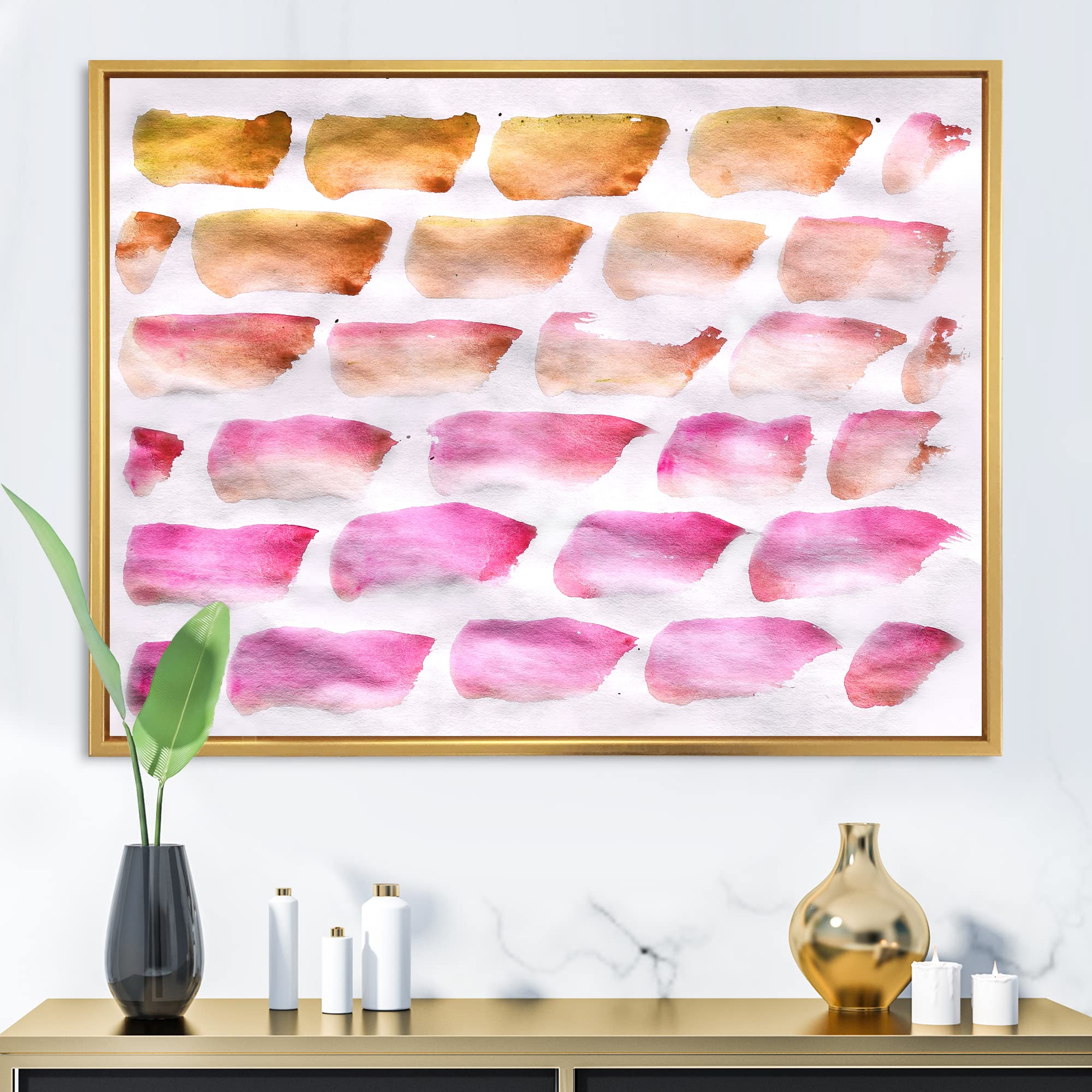 Abstract Pink and Dark Yellow Brushes Framed Canvas Wall Art - Modern Home Decor for Living Room, Bedroom & Office